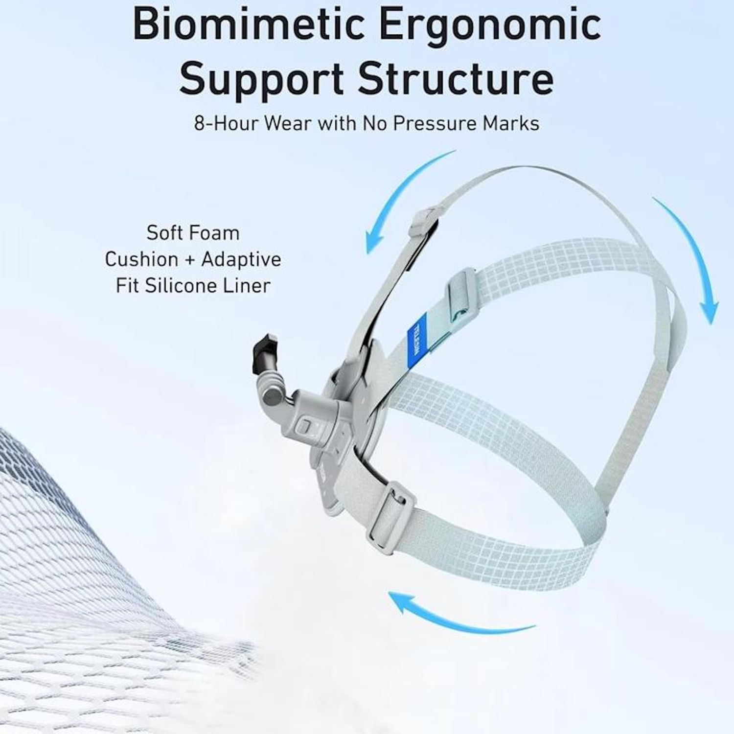 Eine weiße ergonomische Stützstruktur mit dem Text 'Biomimetische Unterstützung'. Enthält weichen Schaumstoff, Polster und eine Silikonauskleidung.
