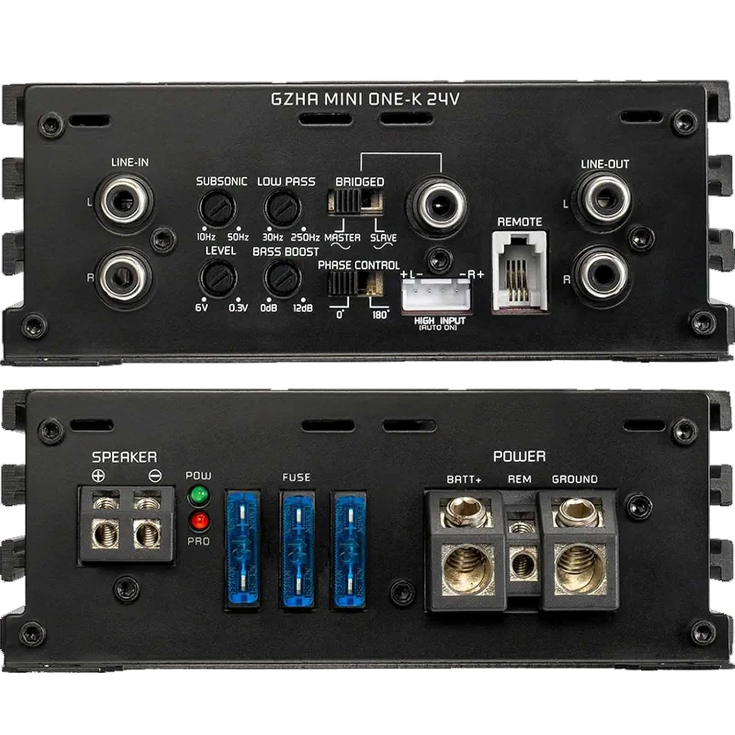 Schwarzer Auto-Audioverstärker mit verschiedenen Ein-/Ausgangsanschlüssen, Drehreglern und Sicherungskomponenten. Er trägt den Markennamen GZHA MINI ONE-K 24V.