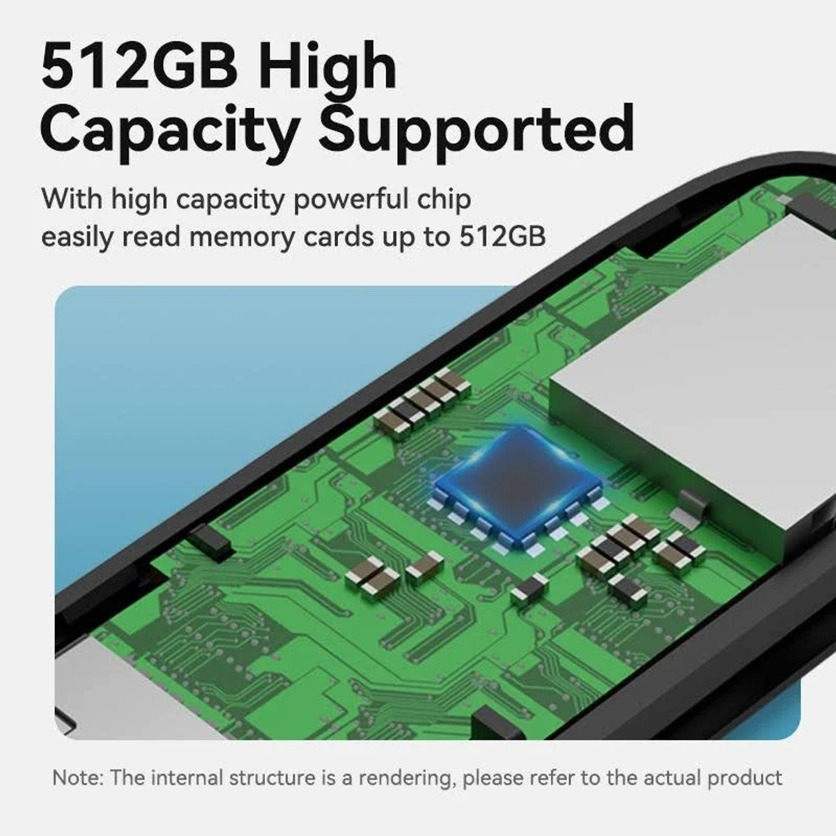 Zbliżenie płytki drukowanej z niebieskim kwadratem pośrodku. Tekst brzmi "512GB High Capacity Supported".