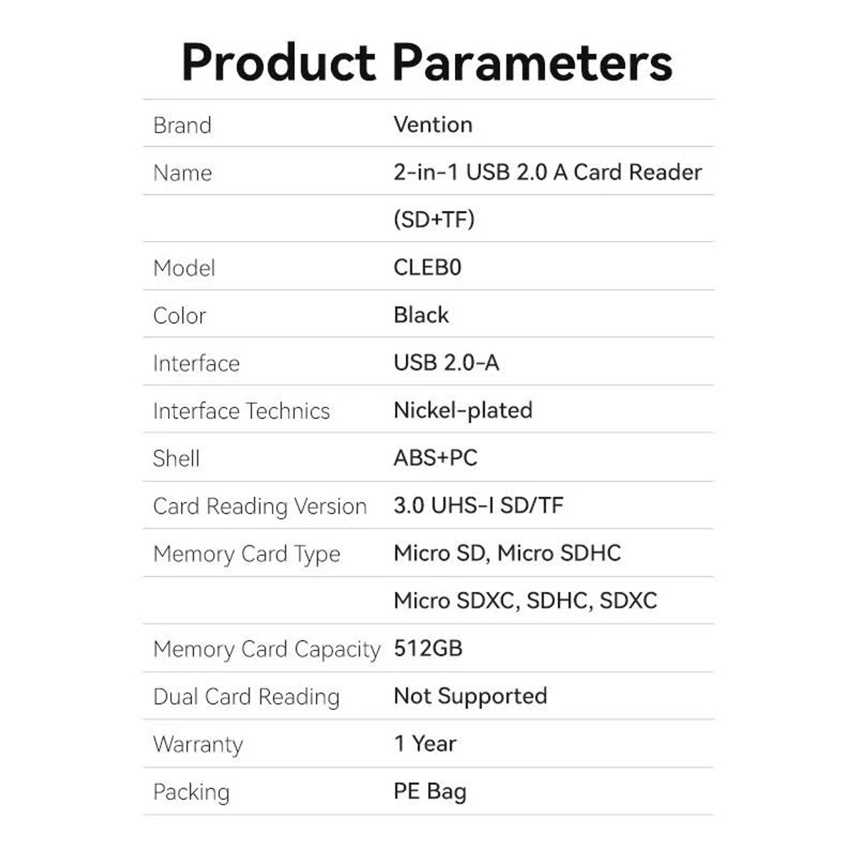 Tabela parametrów produktu, zawierająca szczegóły dotyczące czytnika kart Vention 2-w-1 USB 2.0 A. Dane techniczne obejmują model, kolor i typ karty pamięci.