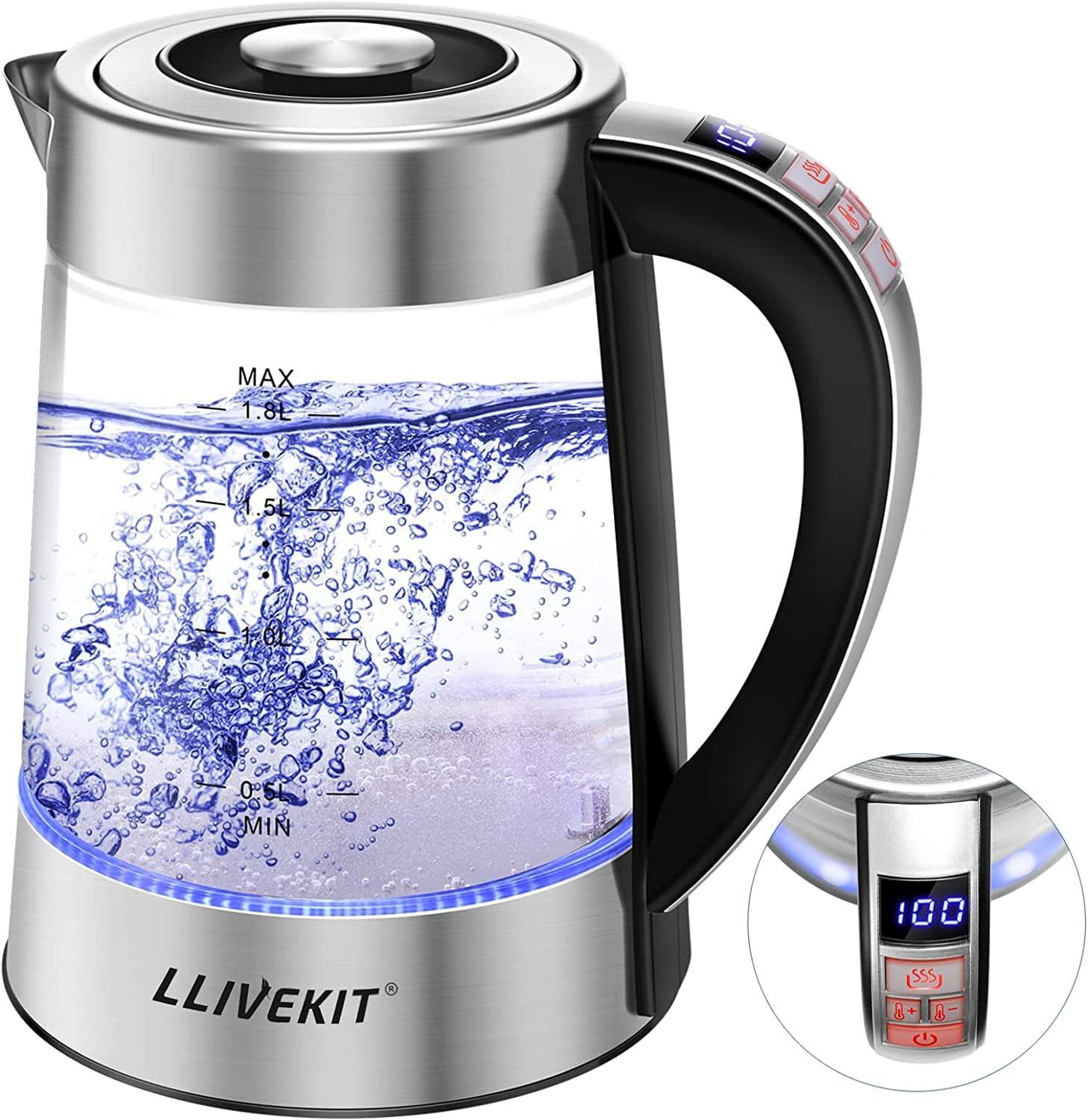 Ein elektrischer Glaskessel, gefüllt mit kochendem Wasser, wird gezeigt. Es hat einen schwarzen Griff und eine Digitalanzeige mit 100.