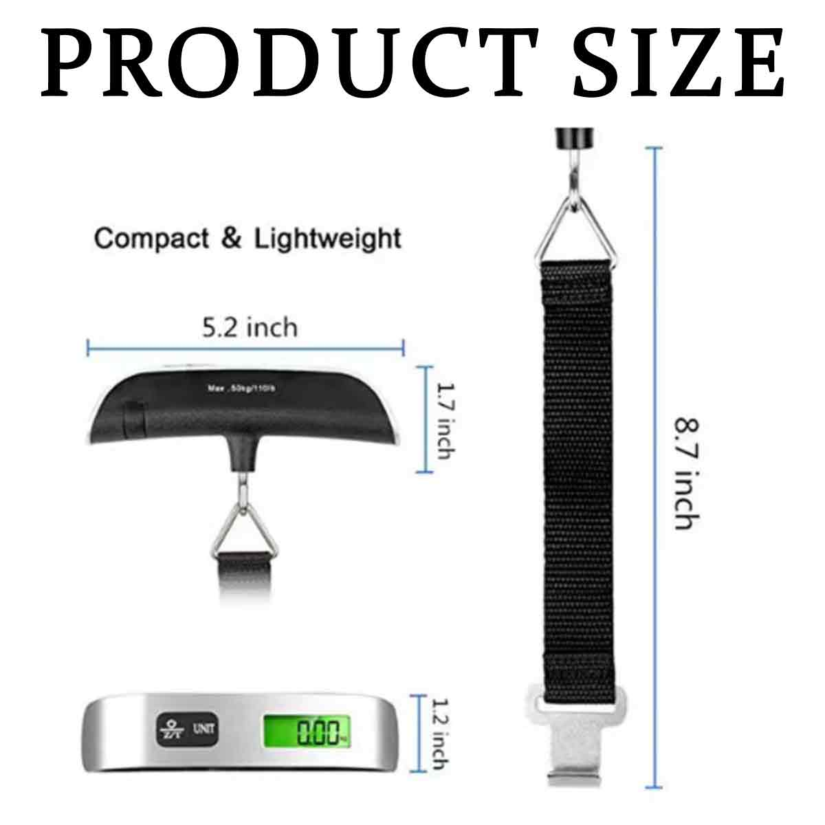 Das Bild zeigt die Produktgröße, eine tragbare Waage mit Maßangaben. Kompakt und leicht. Digitalanzeige zeigt 0,00 an. Abmessungen sind 5,2, 1,7, 8,7 und 1,2 Zoll.