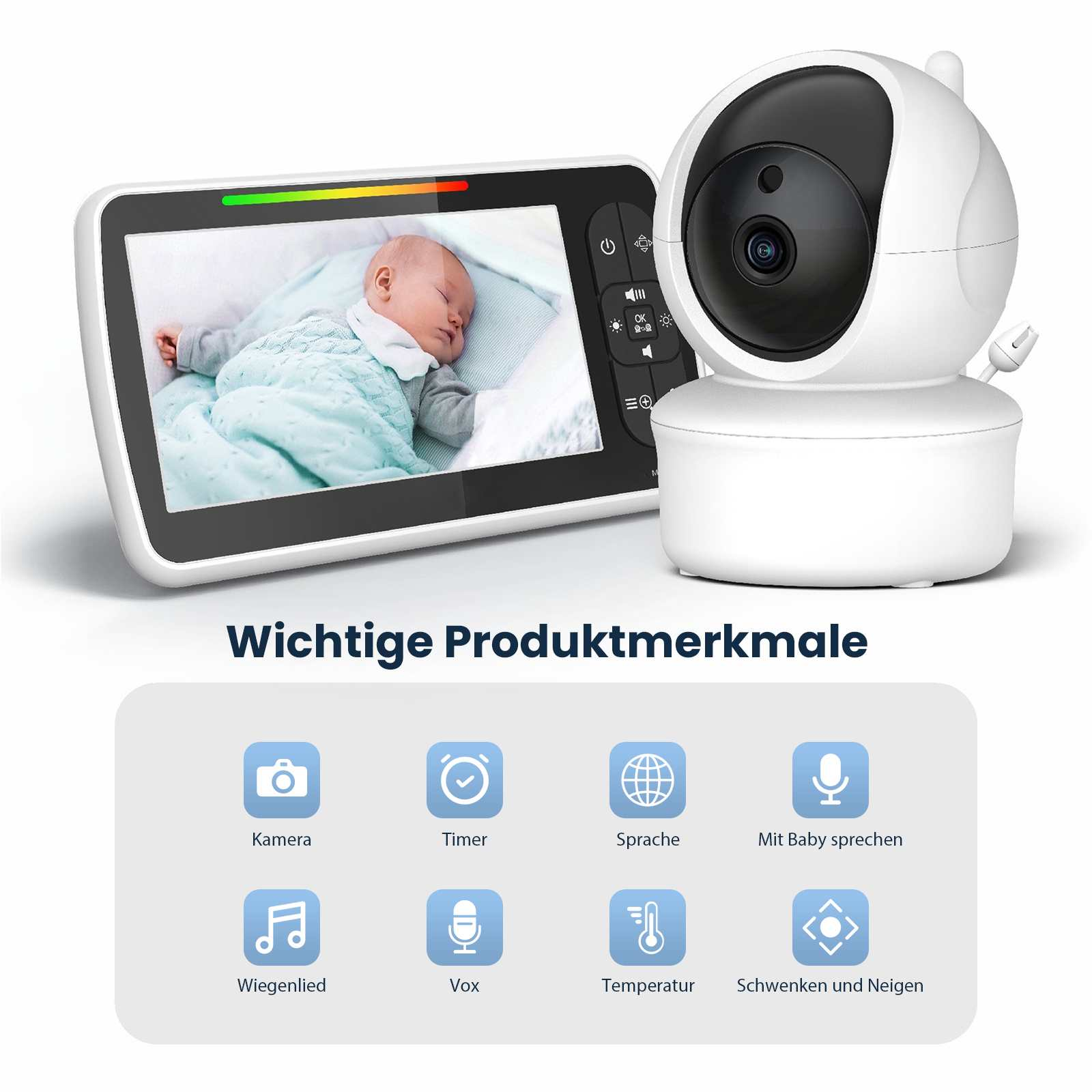 Babyphone mit schlafendem Baby auf dem Bildschirm. Zu den Funktionen gehören Kamera, Timer, Sprache, Schlaflied, Vox und Temperatur.