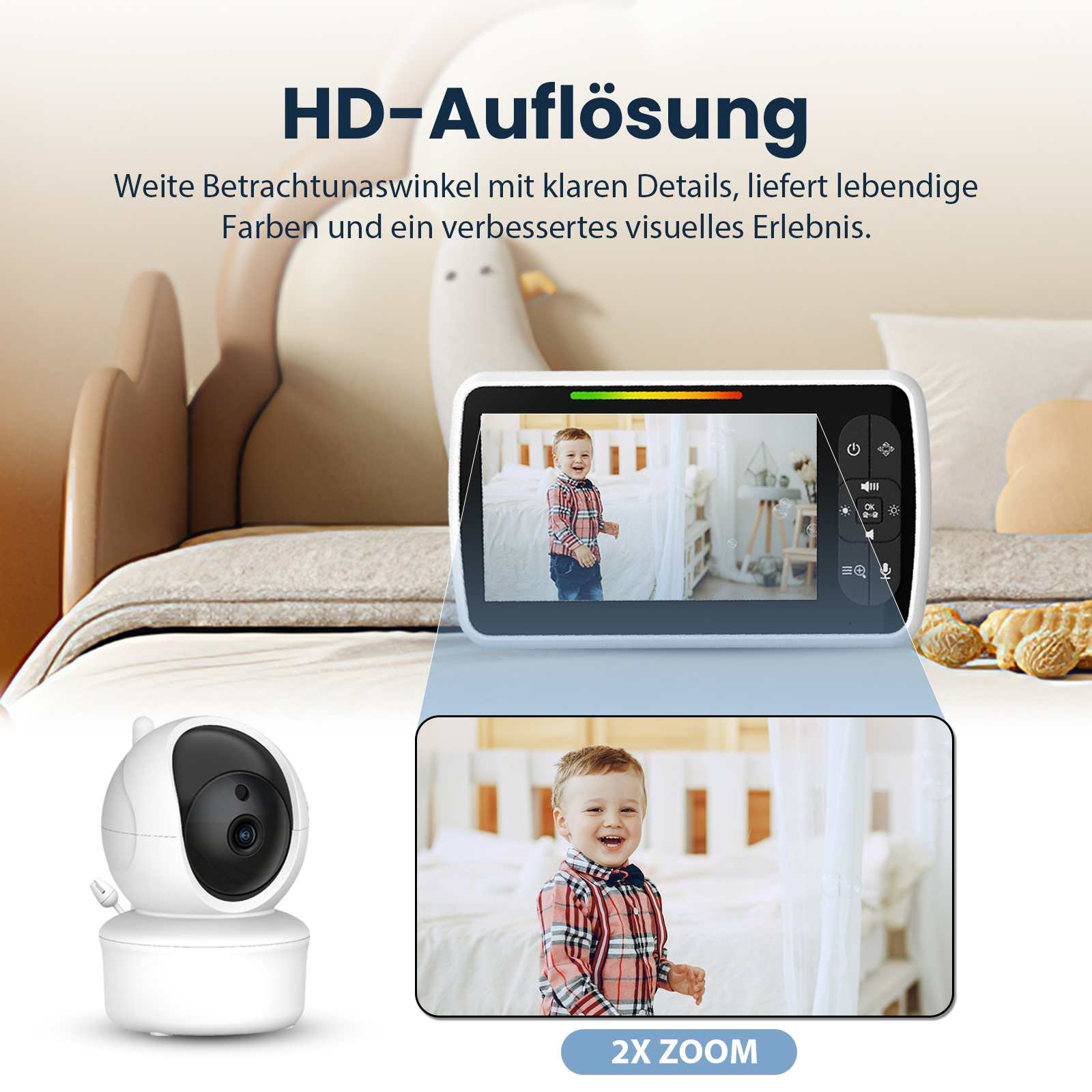 Ein Babyphone, das ein Kind zeigt. Eine weiße Kamera und ein Bildschirm, der das Kind zeigt. Text: HD-Auflösung, 2X ZOOM.