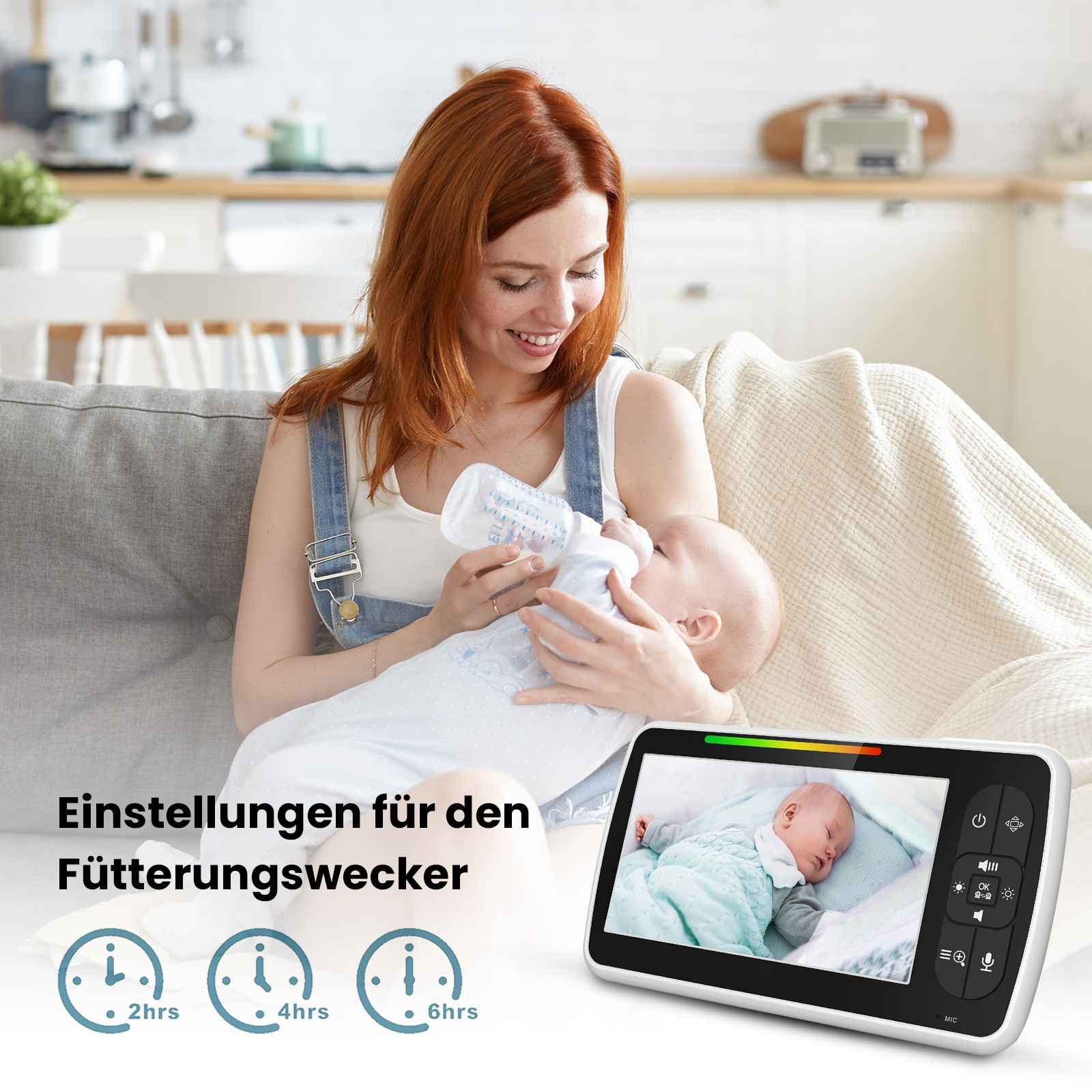 Eine Frau füttert ein Baby mit einer Flasche, während sie den Babyphone beobachtet. Der Monitor zeigt das schlafende Baby. Text: Fütterungsalarmeinstellungen.