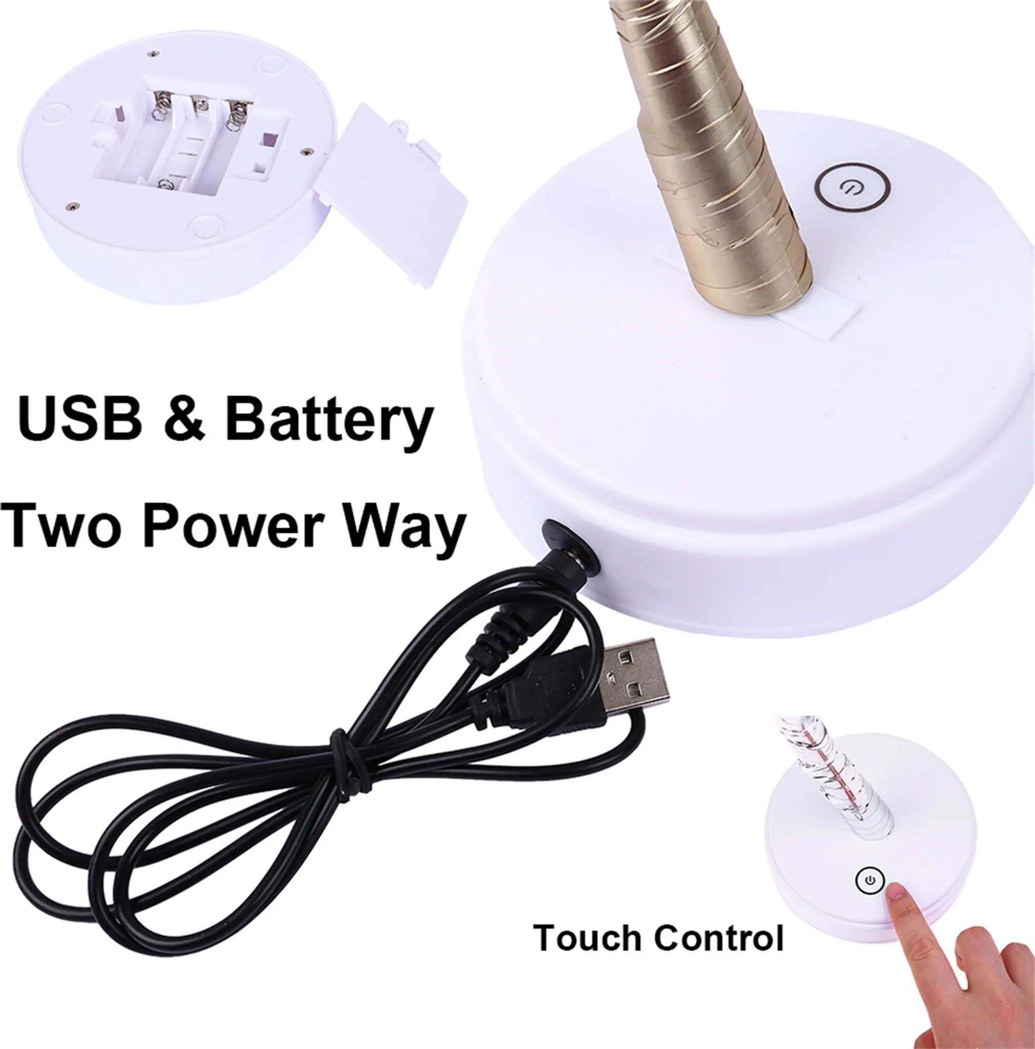 Eine weiße Schreibtischlampe mit goldfarbenem flexiblem Hals. Sie hat ein USB-Kabel und ein Batteriefach.