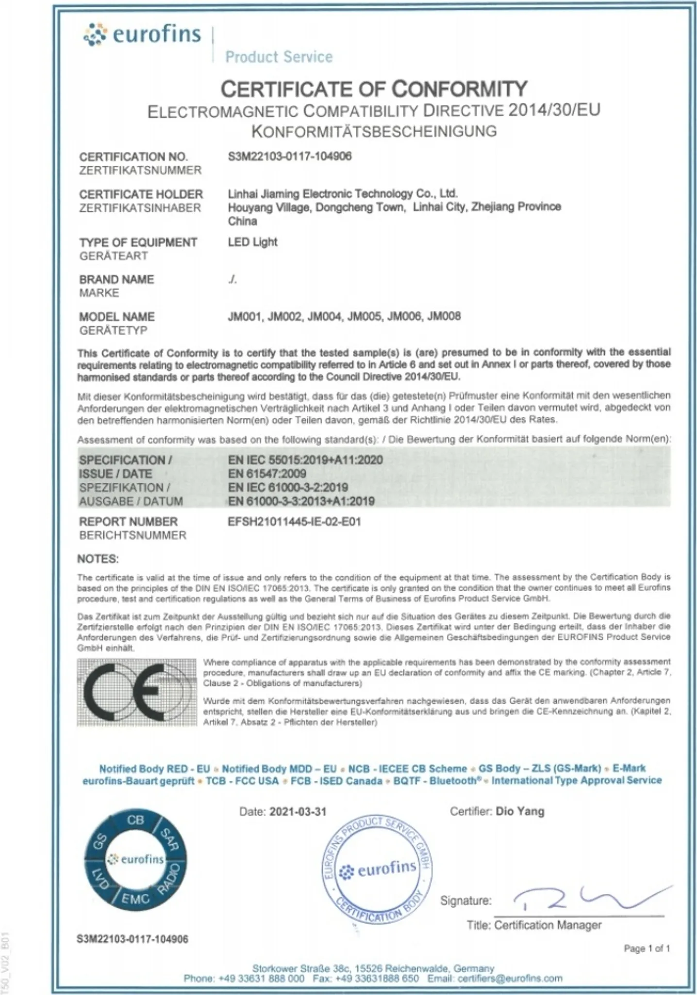 Ein weißes Dokument mit Text und Logos, einschließlich 'eurofins' und CE-Kennzeichnung, wird angezeigt.