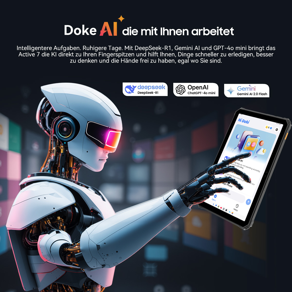 Ein Roboter hält ein Tablet mit einer App. Logos von DeepSeek, OpenAI und Gemini sind im Hintergrund sichtbar.