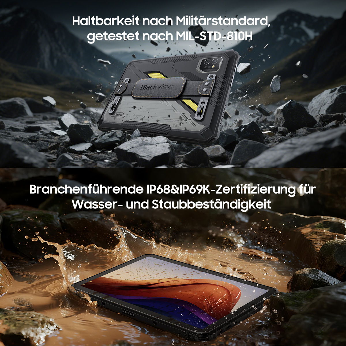 Ein robustes Tablet in einem schwarzen Gehäuse wird in zwei Szenarien gezeigt: auf Felsen und unter Wasser, mit Text über Haltbarkeit und Wasserbeständigkeit.