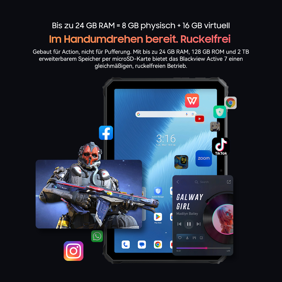 Tablet-Bildschirm mit App-Symbolen, einem Soldaten mit Waffe und einem Musik-Player. Text auf Deutsch vorhanden.