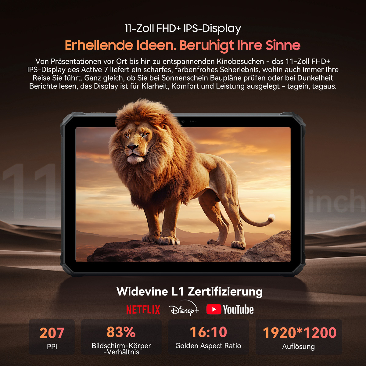 Tablet mit Löwenbild. Spezifikationen unten, einschließlich Netflix- und YouTube-Logos.