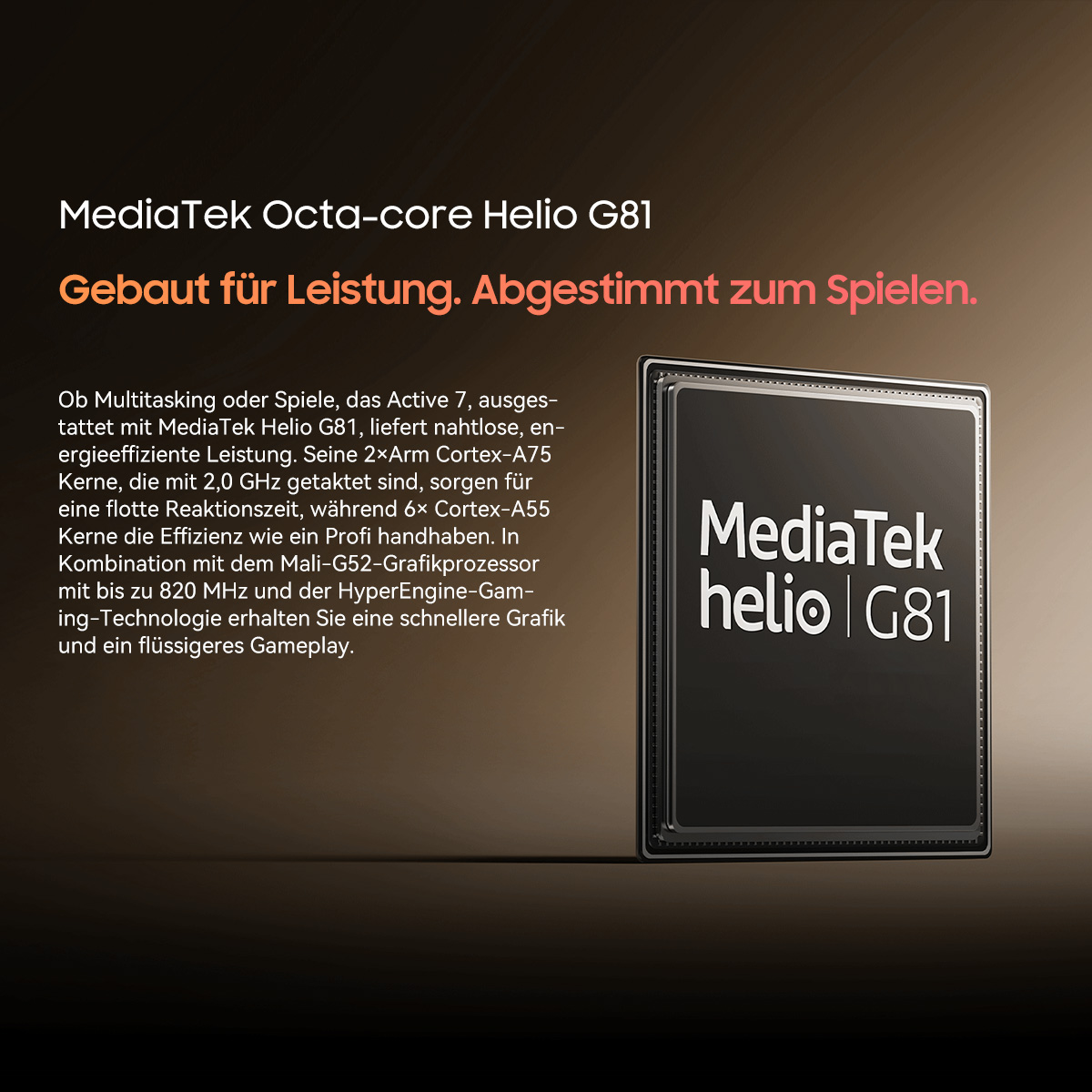 Ein Werbebild eines MediaTek Helio G81-Prozessors. Text beschreibt seine Funktionen auf dunklem Hintergrund. Der Prozessor ist rechts.