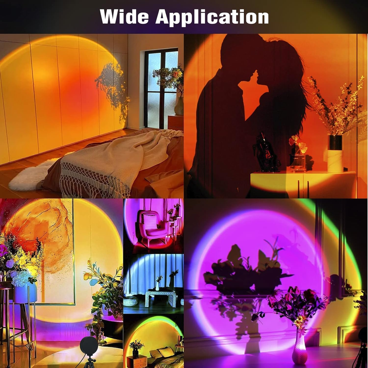 Collage von Innenaufnahmen, die Sonnenuntergangslampeneffekte demonstrieren. Szenen umfassen Paare, Schlafzimmer und verschiedene Umgebungen mit farbenfroher Beleuchtung.