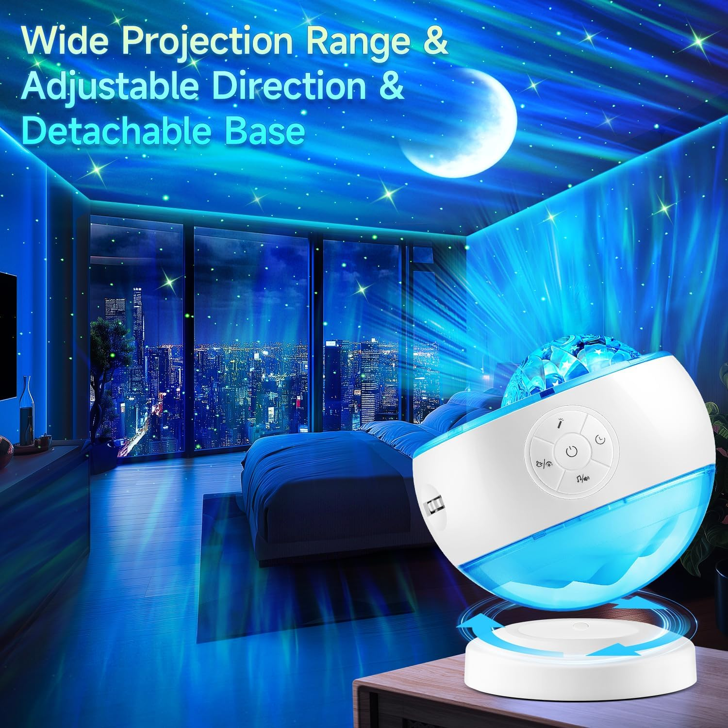 Ein Raum mit Sternenhimmel und Mondprojektor. Im Hintergrund befindet sich ein Bett. Der Projektor ist weiß und blau.