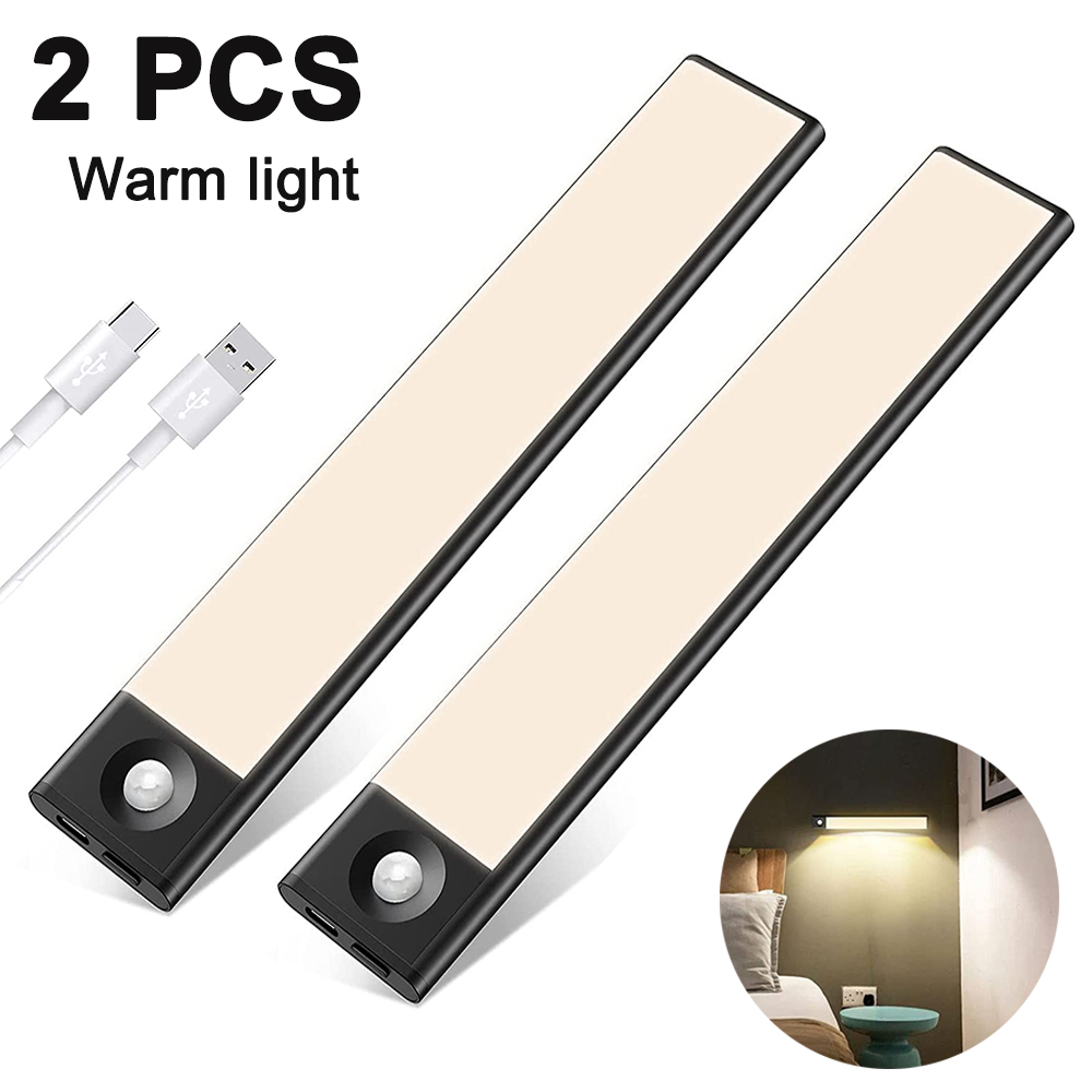 Zwei LED-Lichtleisten, schwarzer Rahmen, weißes Licht. Enthält USB-Kabel und eine Schlafzimmerszene im Kreis.