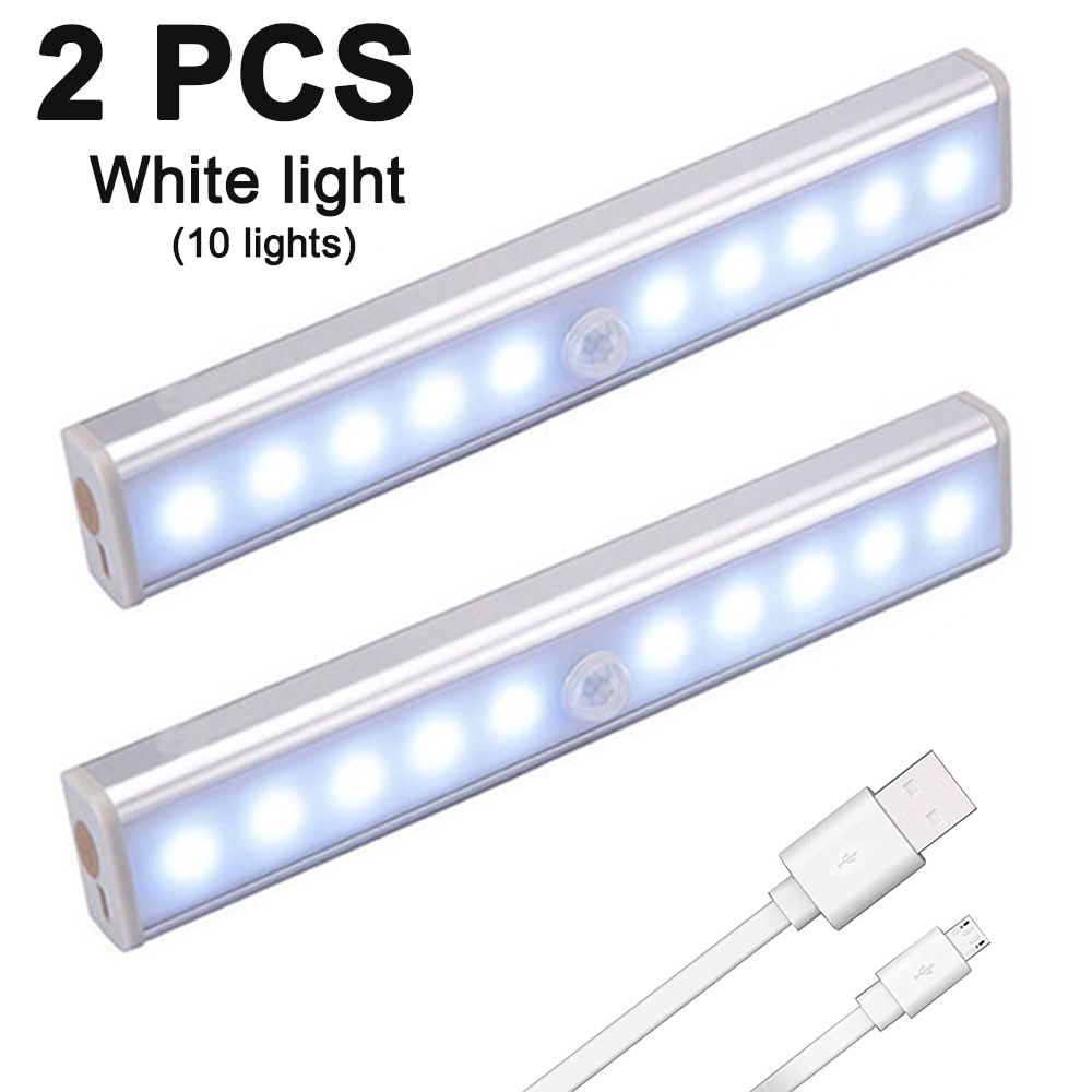 Zwei LED-Lichtleisten mit weißen Lichtern, ein USB-Kabel und der Text '2 PCS White light (10 lights)' auf weißem Hintergrund.