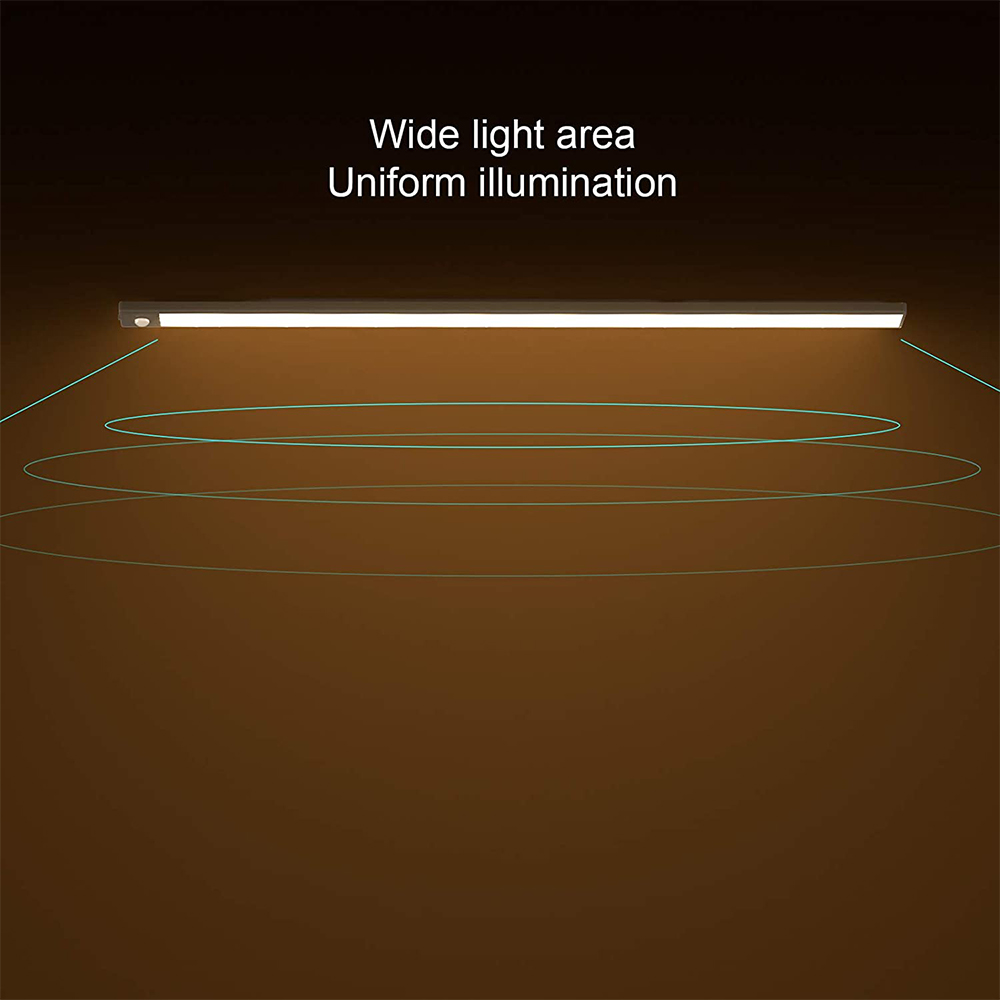 Eine rechteckige LED-Leuchte ist an einer braunen Wand montiert. Text lautet 'Wide light area, uniform illumination'. Grüne Linien gehen aus.