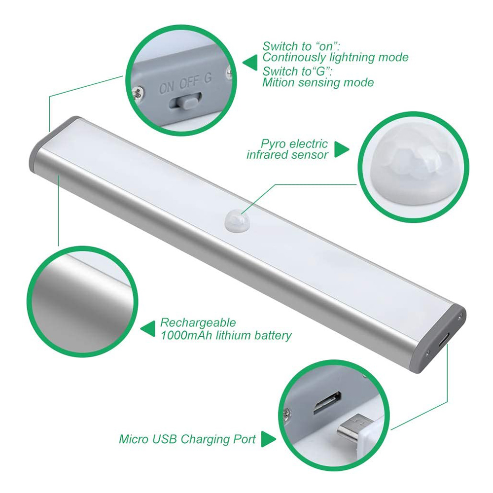 Eine silberne LED-Lichtleiste mit Details zu ihren Funktionen: Ein-/Ausschalter, Bewegungssensor, Micro-USB-Anschluss und Akku.