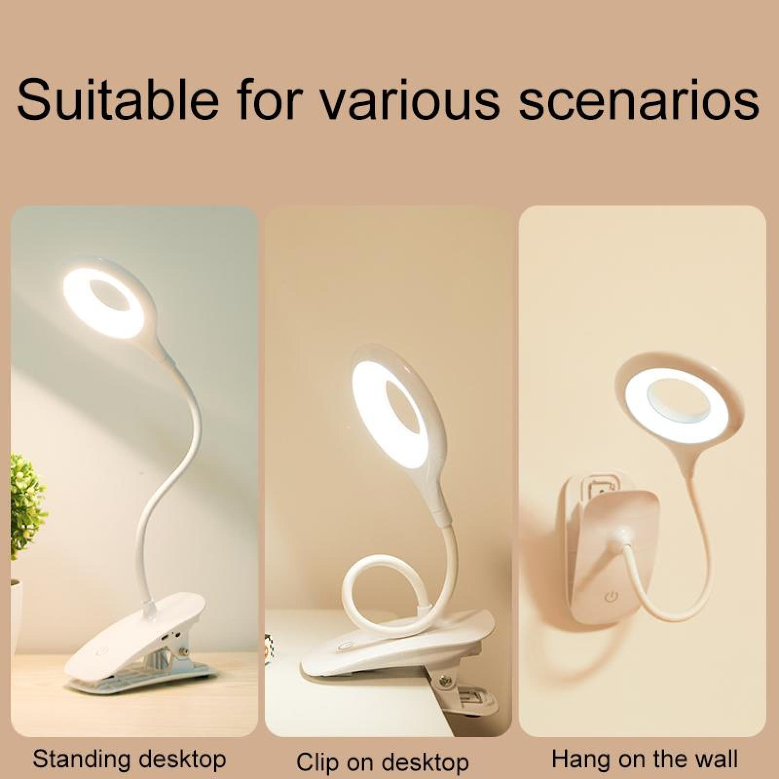 Das Bild zeigt drei weiße Schreibtischlampen in verschiedenen Umgebungen: stehend, angeklemmt und an der Wand montiert, alle mit hellem Licht.