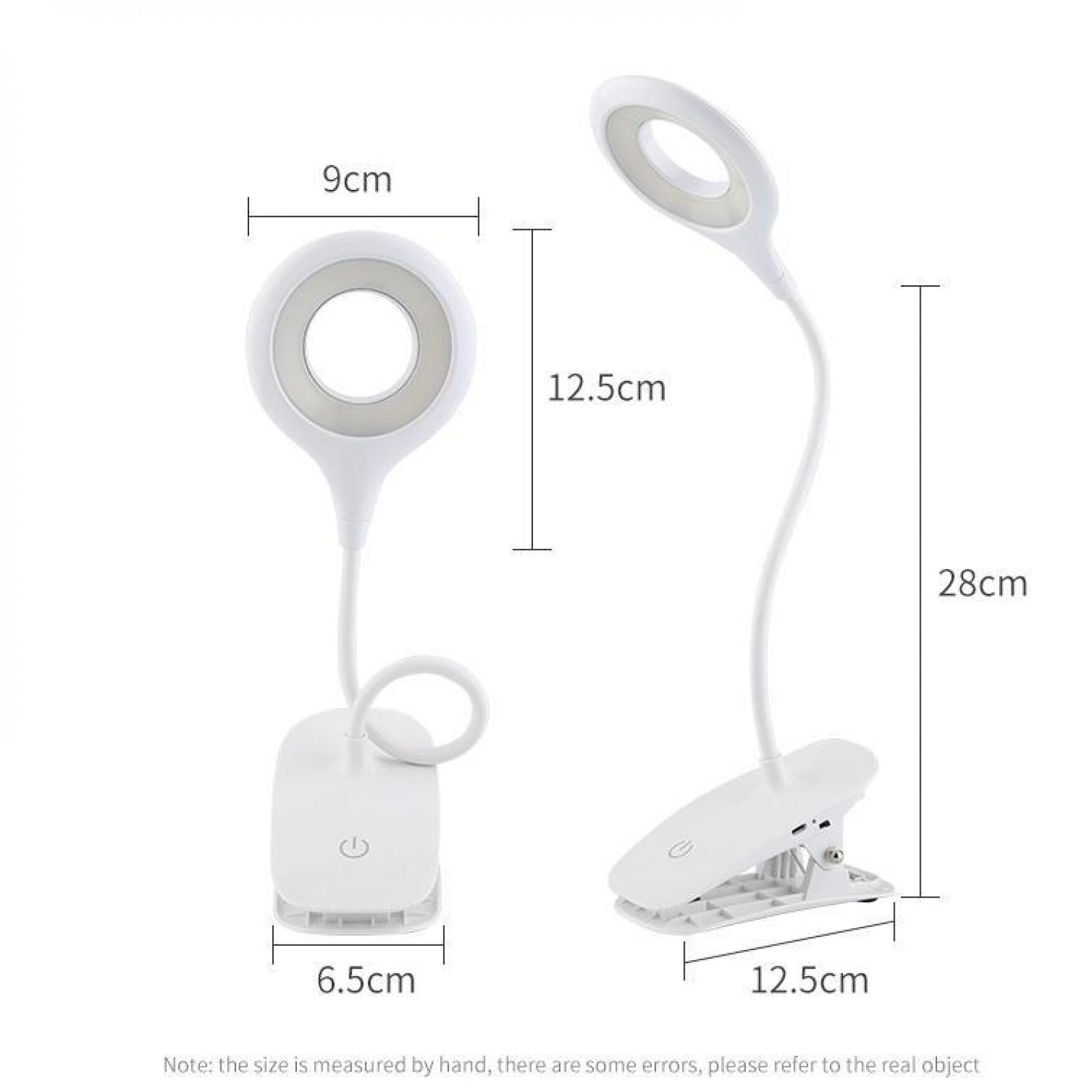 Zwei weiße LED-Schreibtischlampen mit Maßangaben. Jede hat einen kreisförmigen Leuchtkopf und einen Clip-Sockel.