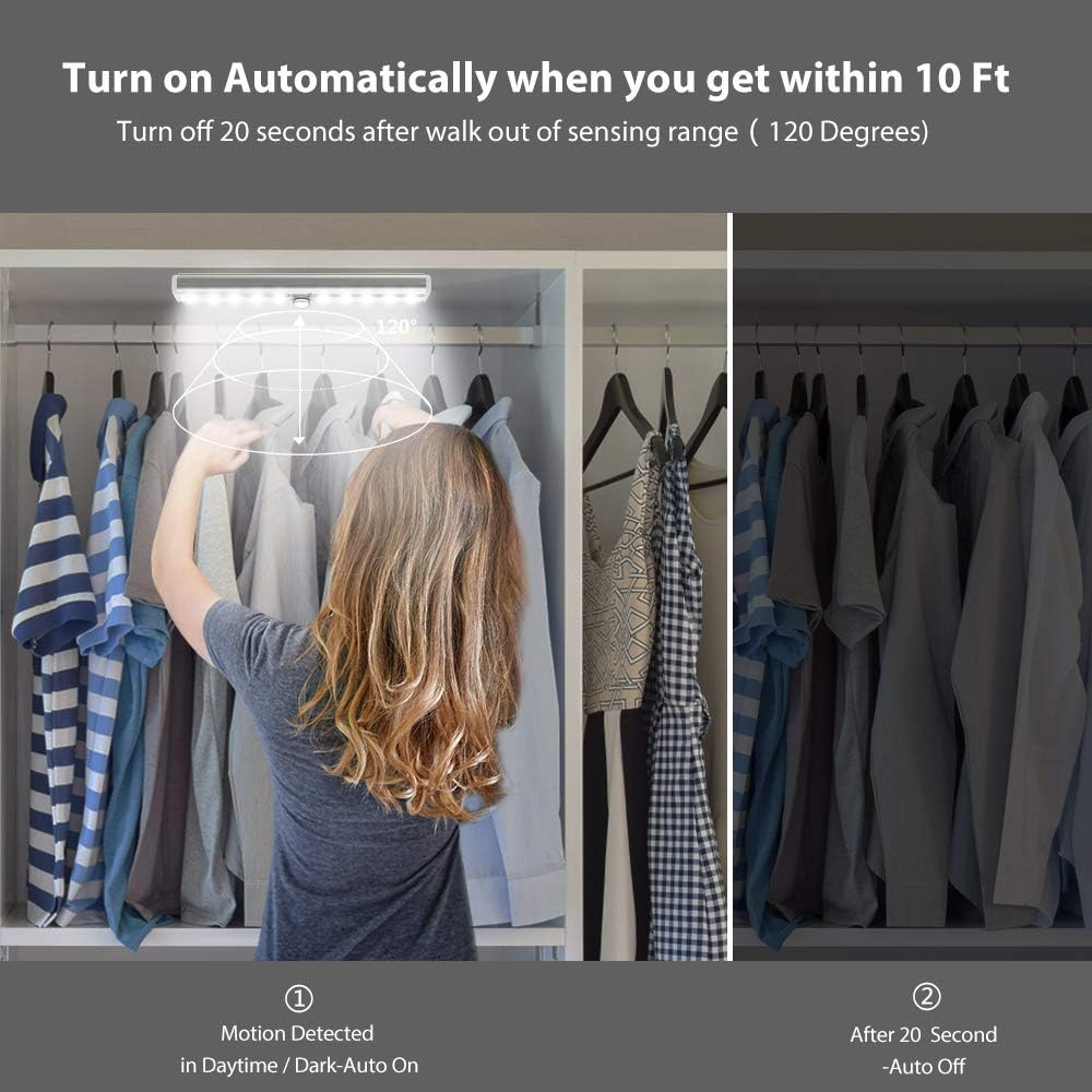 Eine Frau greift in einen Schrank mit Kleidung. Im Inneren ist ein Licht installiert. Diagramm zeigt Bewegungserkennung und Abschaltautomatik.