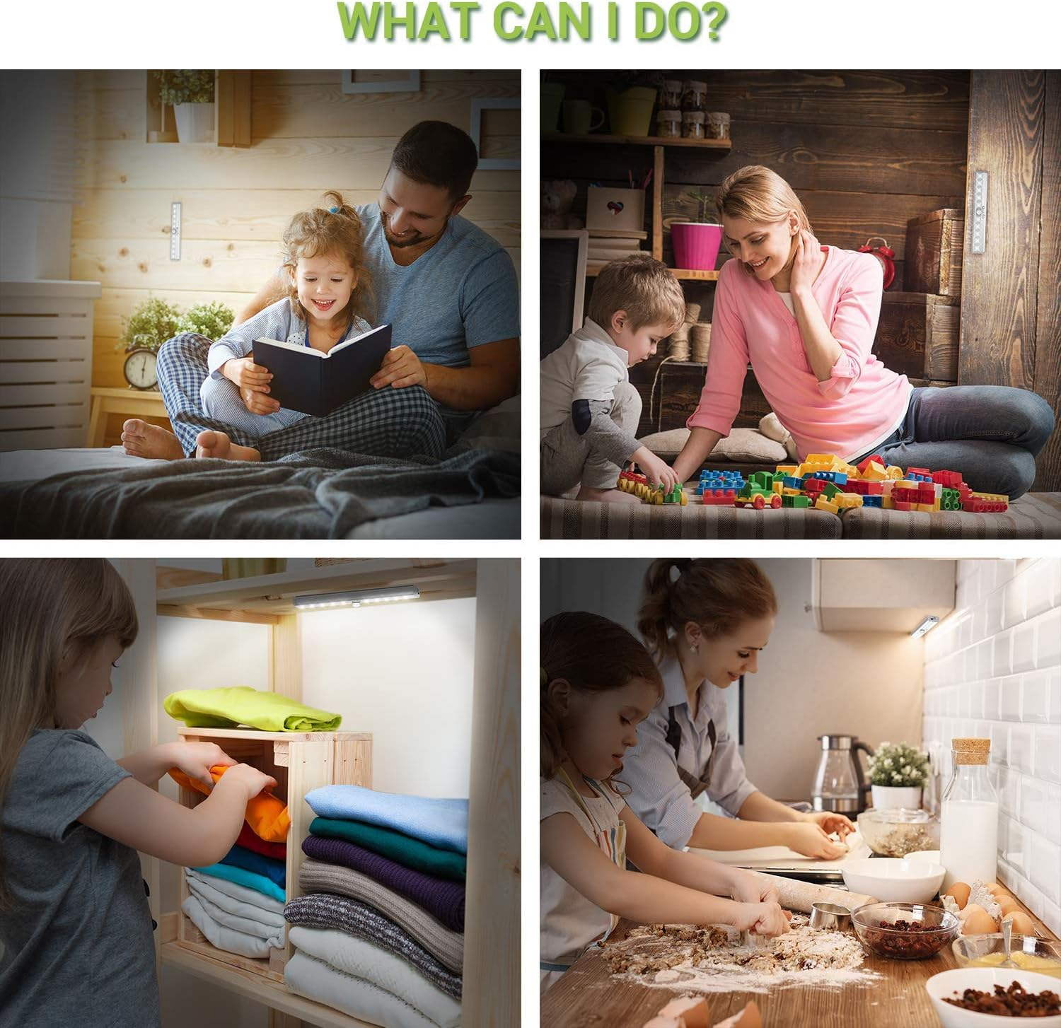 Eine Collage mit vier häuslichen Szenen. Familien lesen, spielen mit Blöcken, organisieren Kleidung und backen unter LED-Leuchten.
