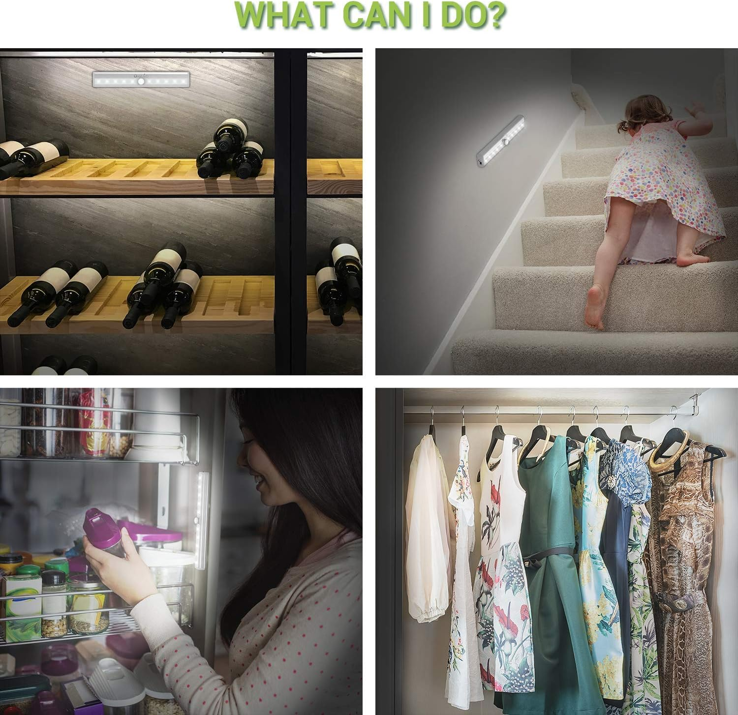 Das Bild zeigt eine Reihe von Szenen, die Lichter in einem Weinschrank, auf Treppen, in einem Kühlschrank und in einem Schrank zeigen.
