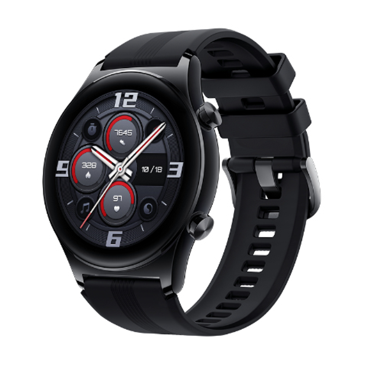 Viene visualizzato uno smartwatch nero. Ha un quadrante rotondo con display digitale. Il cinturino è in gomma nera.