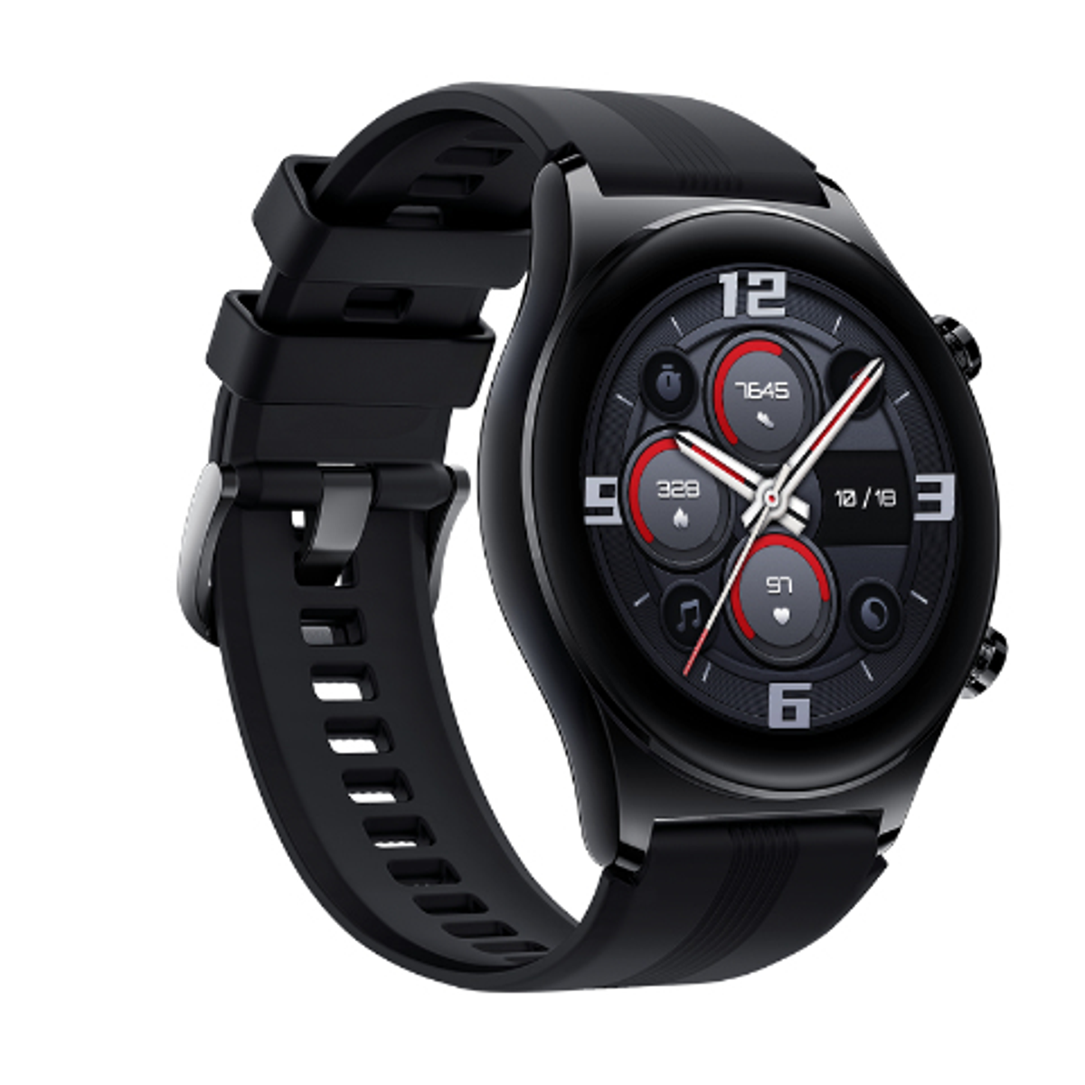 Uno smartwatch nero con quadrante rotondo, numeri, lancette e molteplici display di dati. L'orologio ha un cinturino nero.