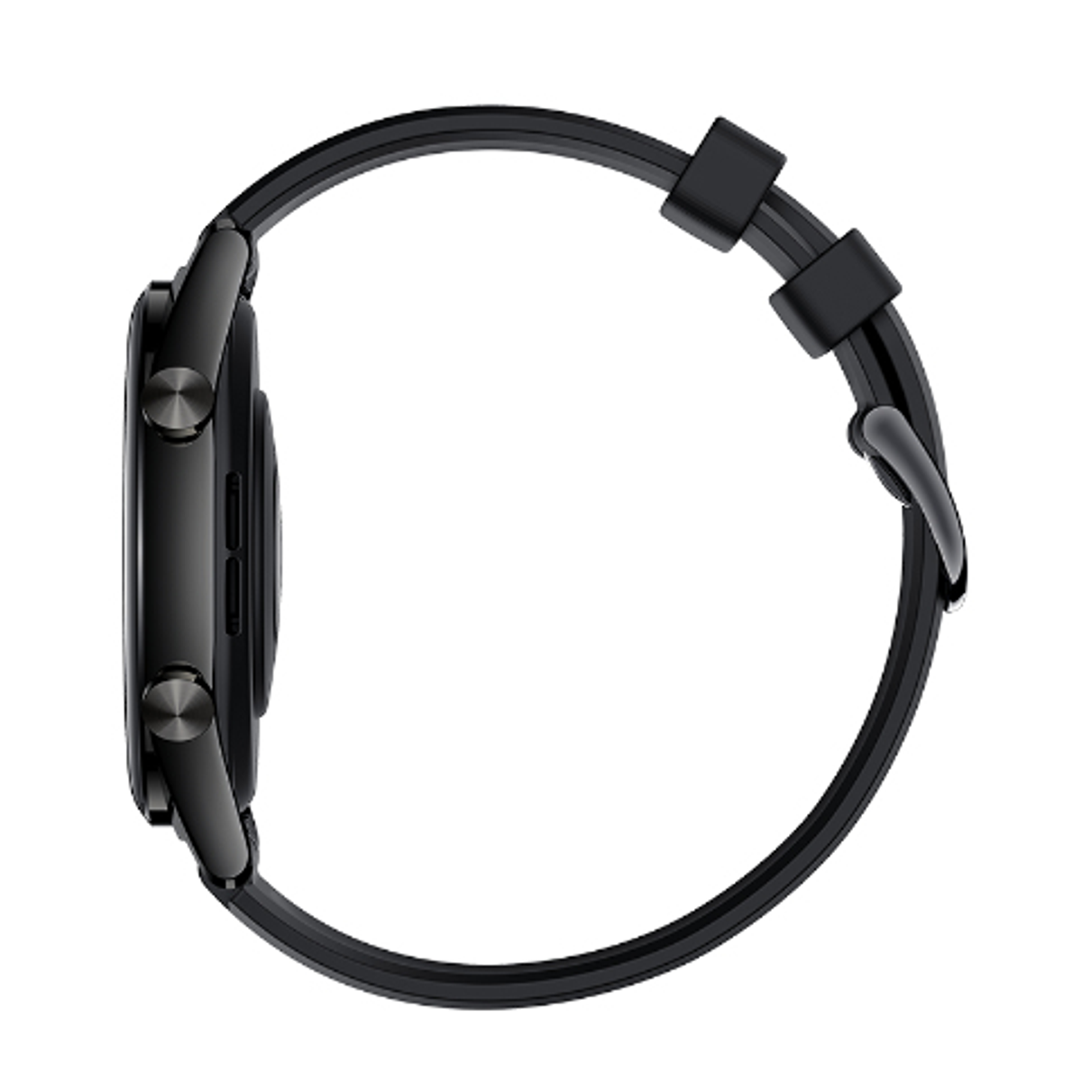 Vista laterale di uno smartwatch nero con cinturino nero. Il quadrante è rotondo e il cinturino curvo.