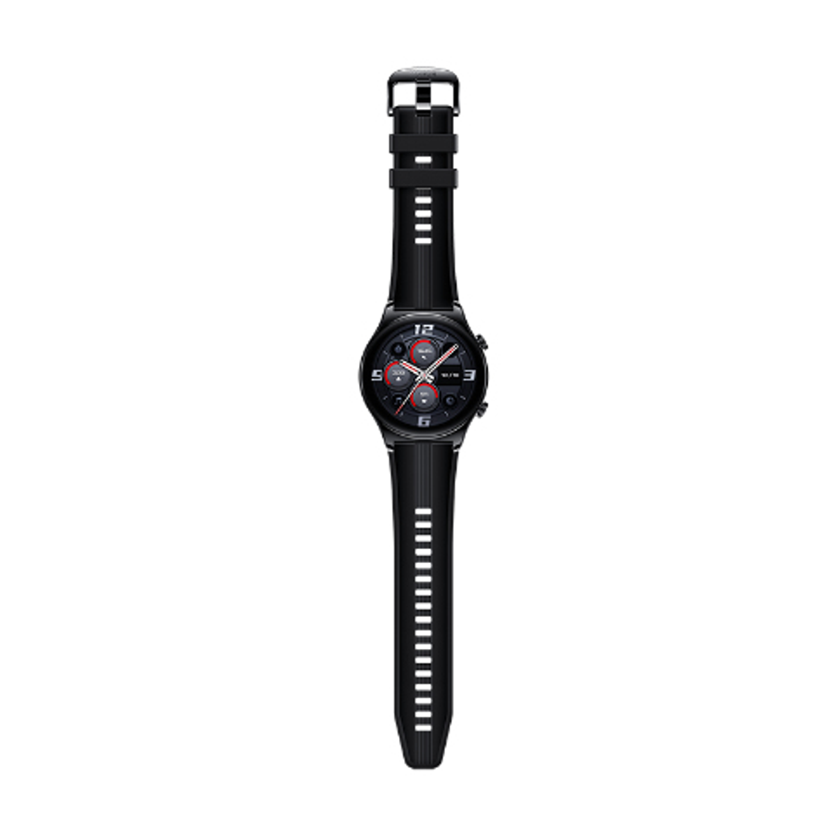 Uno smartwatch nero con quadrante circolare, che mostra l'ora. Ha un cinturino nero con strisce bianche. Lo sfondo è bianco.