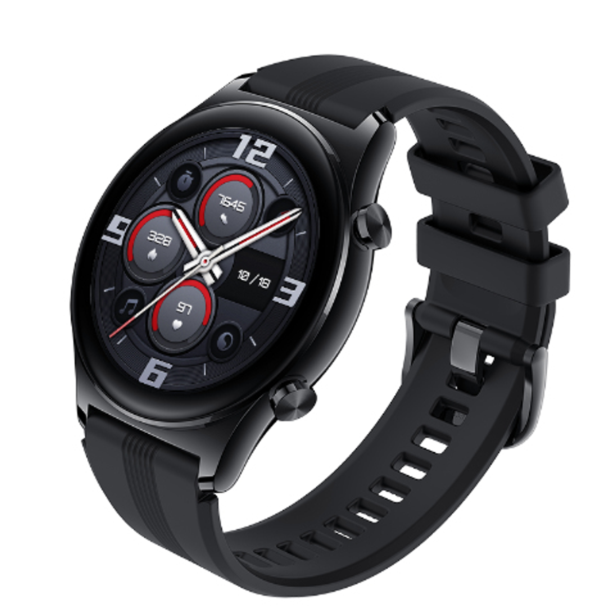 Smartwatch nero con quadrante rotondo, cinturino nero e display digitale che mostra l'ora e i parametri.