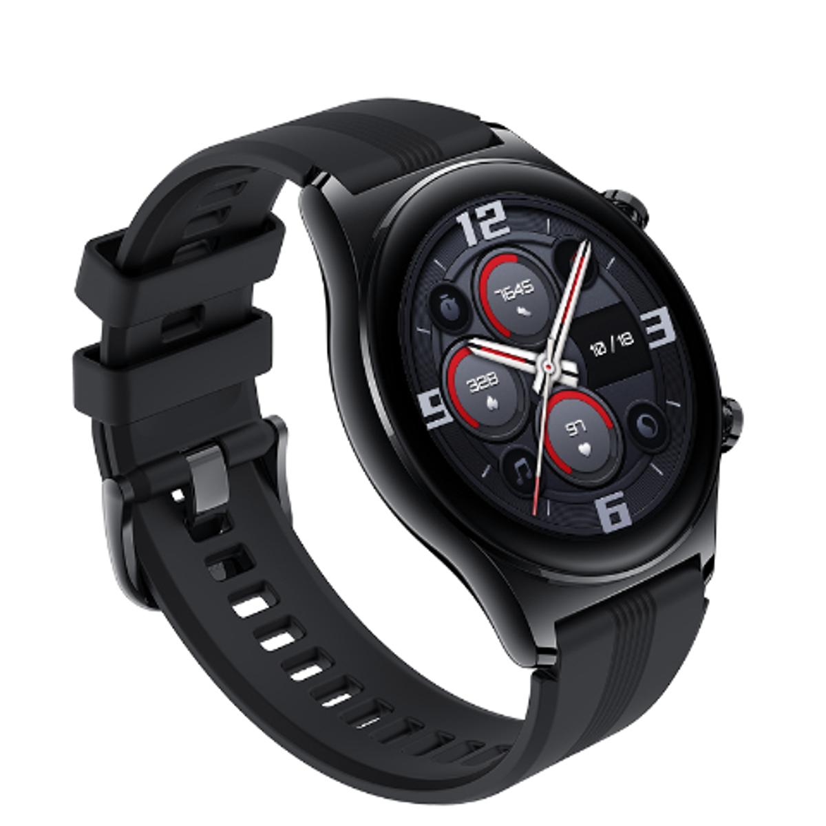 Smartwatch nero con schermo rotondo e cinturino nero. Il quadrante mostra numeri e dati in rosso e bianco.