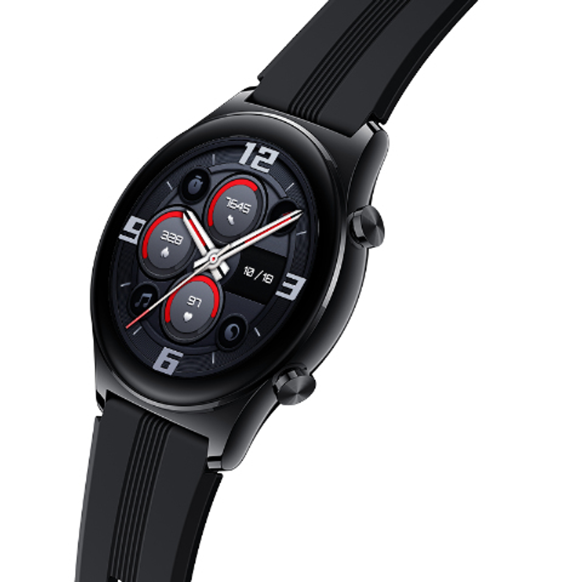 Smartwatch nero con quadrante circolare, che mostra numeri e dati. Il cinturino è in gomma nera.