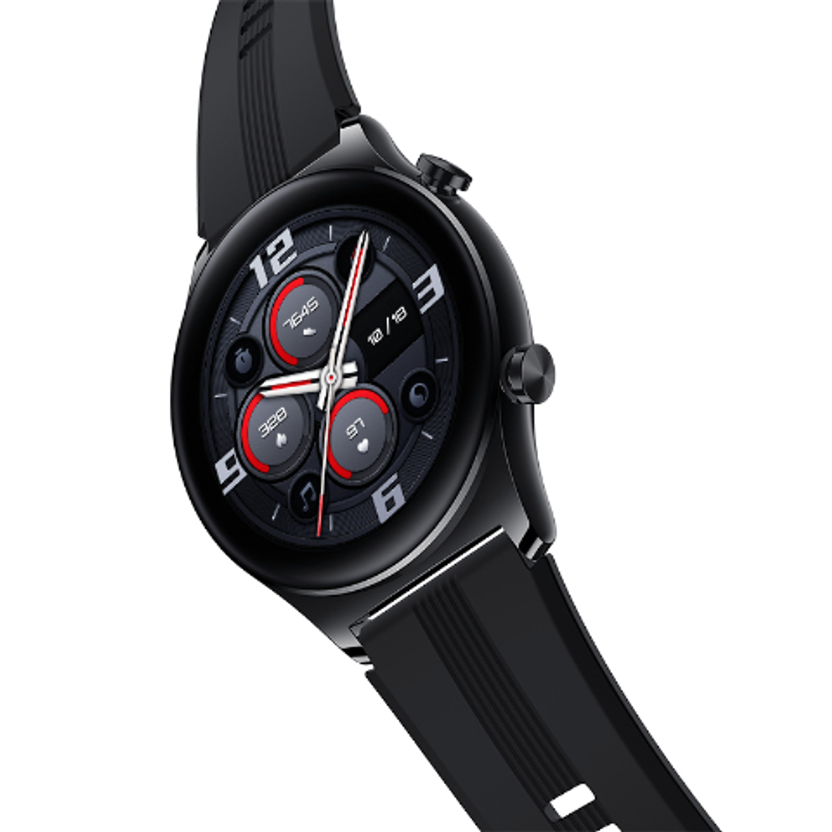 Primo piano di uno smartwatch nero. Il quadrante mostra numeri e dati. L'orologio ha un cinturino nero.