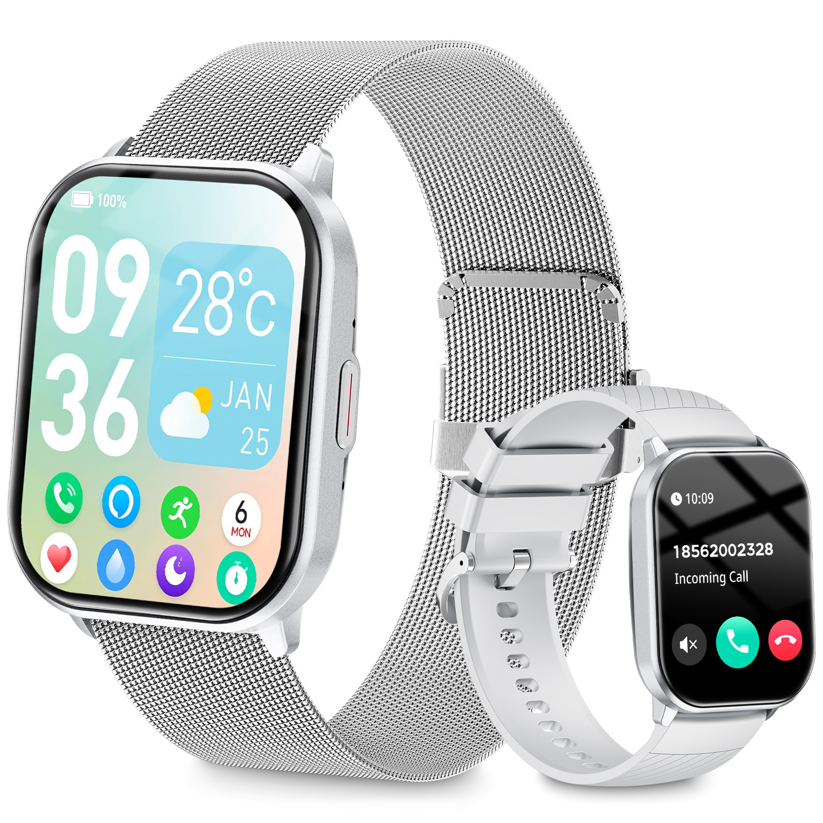 RAYOFI ZL99 Smartwatch Silikon, 22 mm, Silber Smartwatch Damen Herren,  Fitness Tracker uhr mit Anruffunktion, 100+ Sportmodi Sportuhr