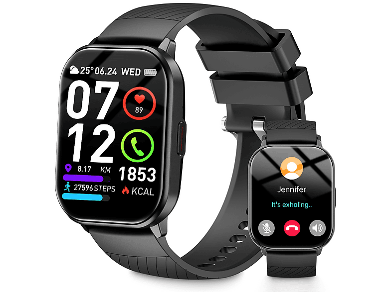 RAYOFI ZL99 Smartwatch Silikon, 22 mm, Schwarz Smartwatch Damen Herren,  Fitness Tracker uhr mit Anruffunktion, 100+ Sportmodi Sportuhr