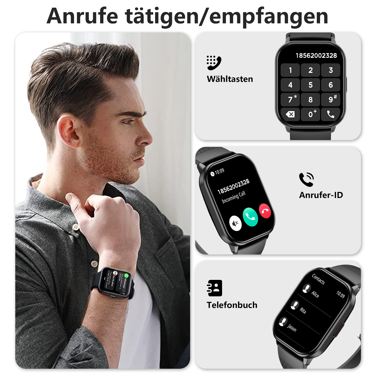 Ein Mann trägt eine Smartwatch. Die Uhr zeigt Telefonfunktionen, einschließlich Wähltasten, Anrufbildschirm und Kontaktliste.