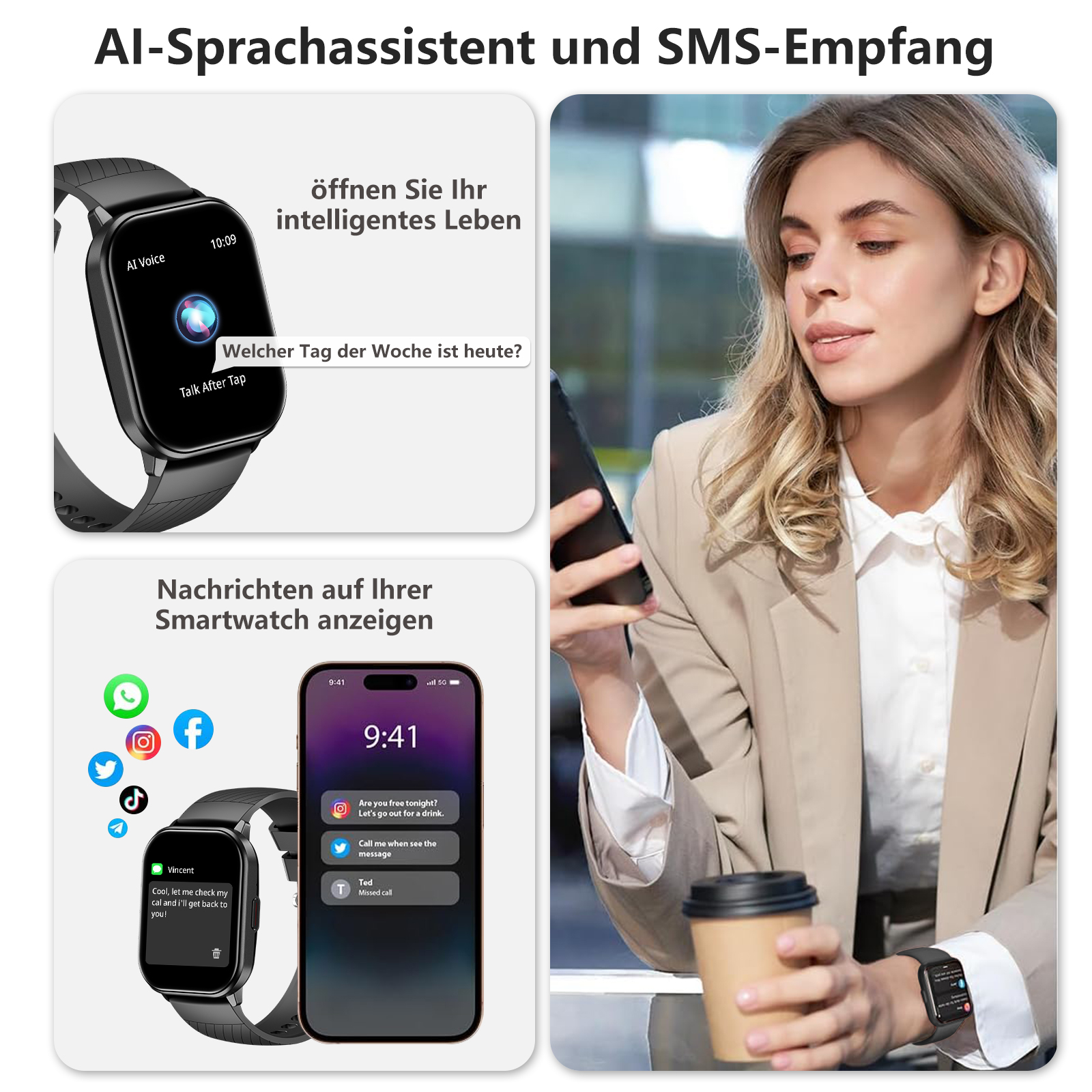Frau mit Telefon, Smartwatch am Handgelenk. Uhr zeigt Nachrichten und Zeit. Kaffeebecher im Vordergrund.