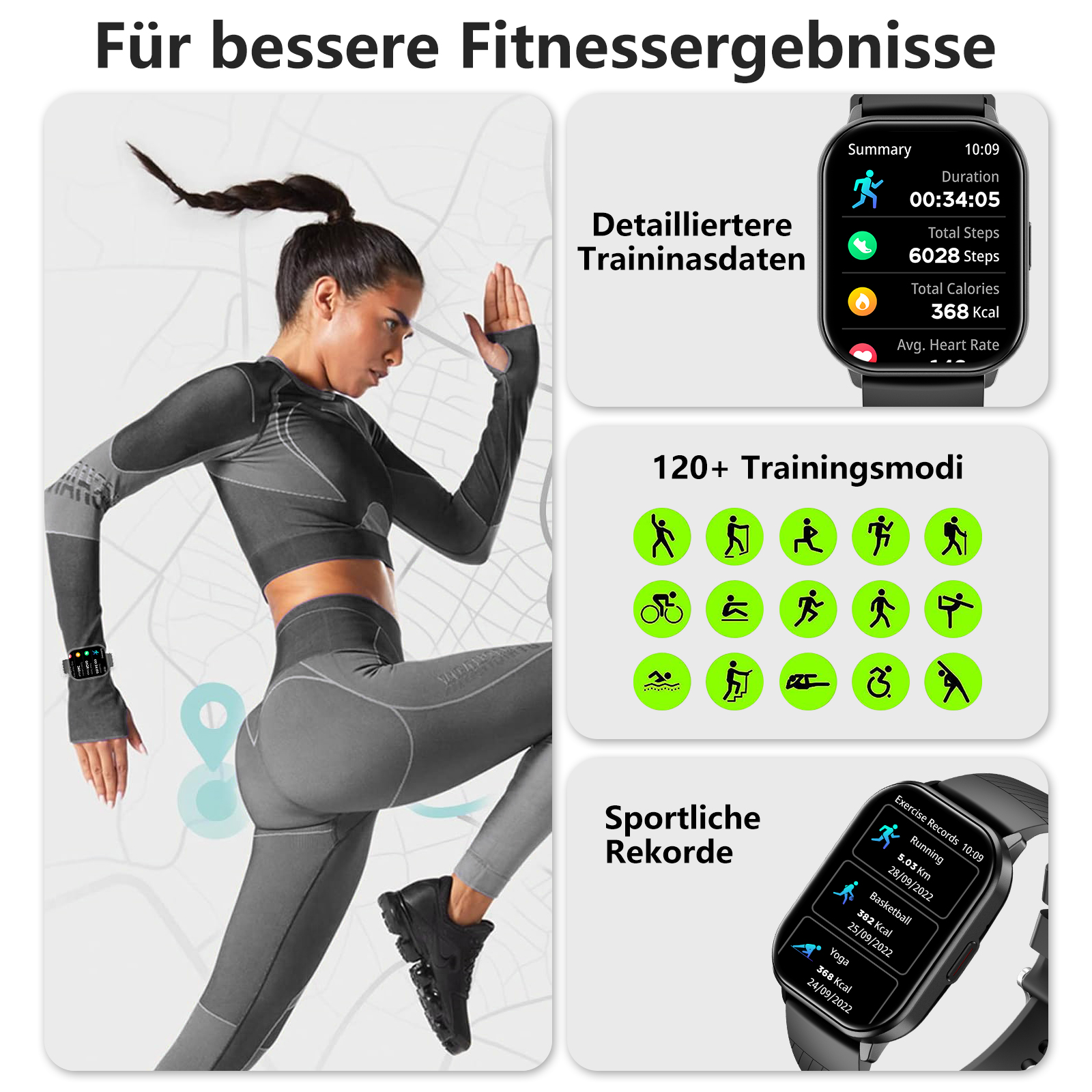 Eine Frau in grauer Sportkleidung springt, eine Smartwatch zeigt Trainingsdaten. Hintergrund hat Sport-Icons und Kartendesign.