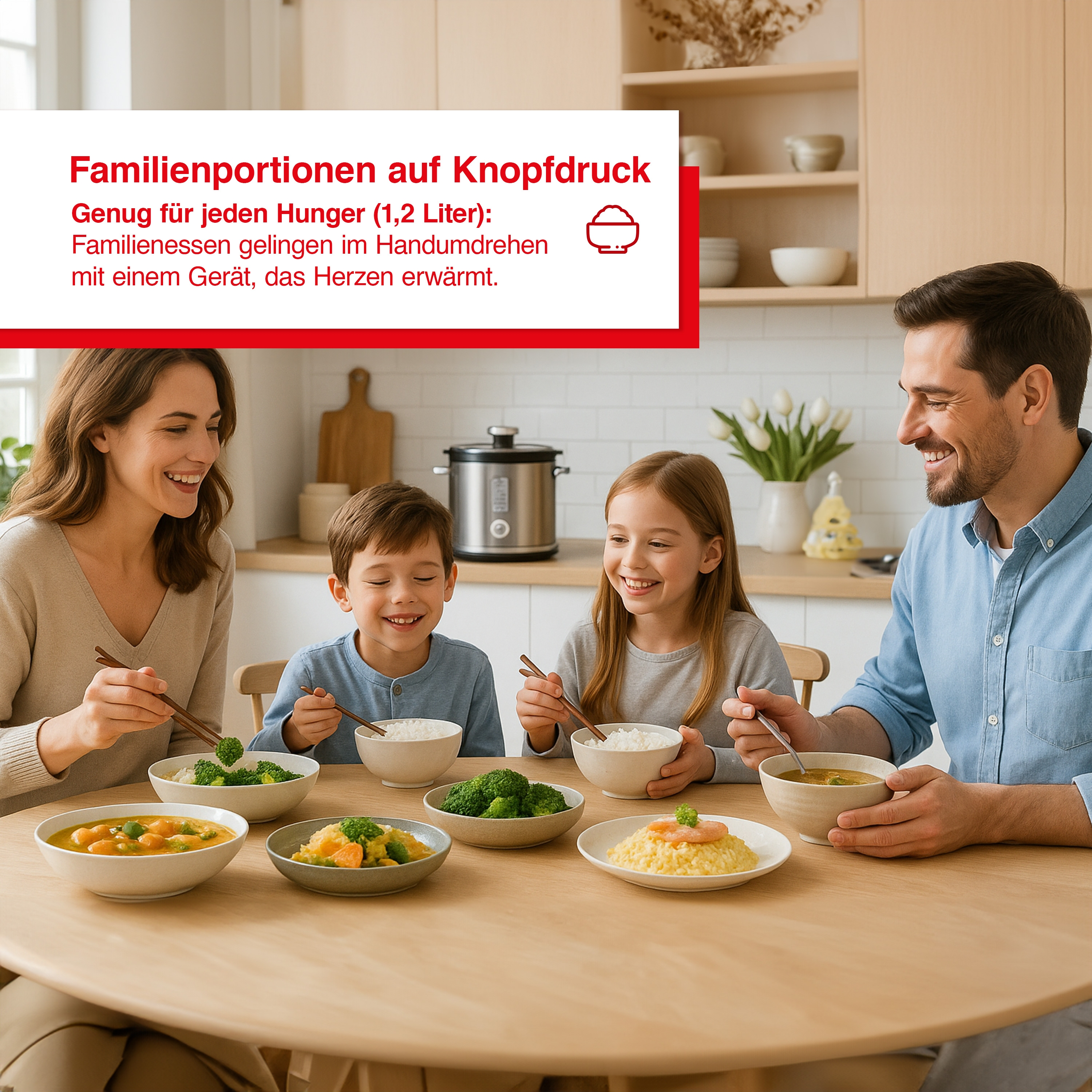 Eine Familie isst zusammen. Sie haben Schüsseln mit Essen und benutzen Stäbchen. Im Hintergrund ist ein Reiskocher.