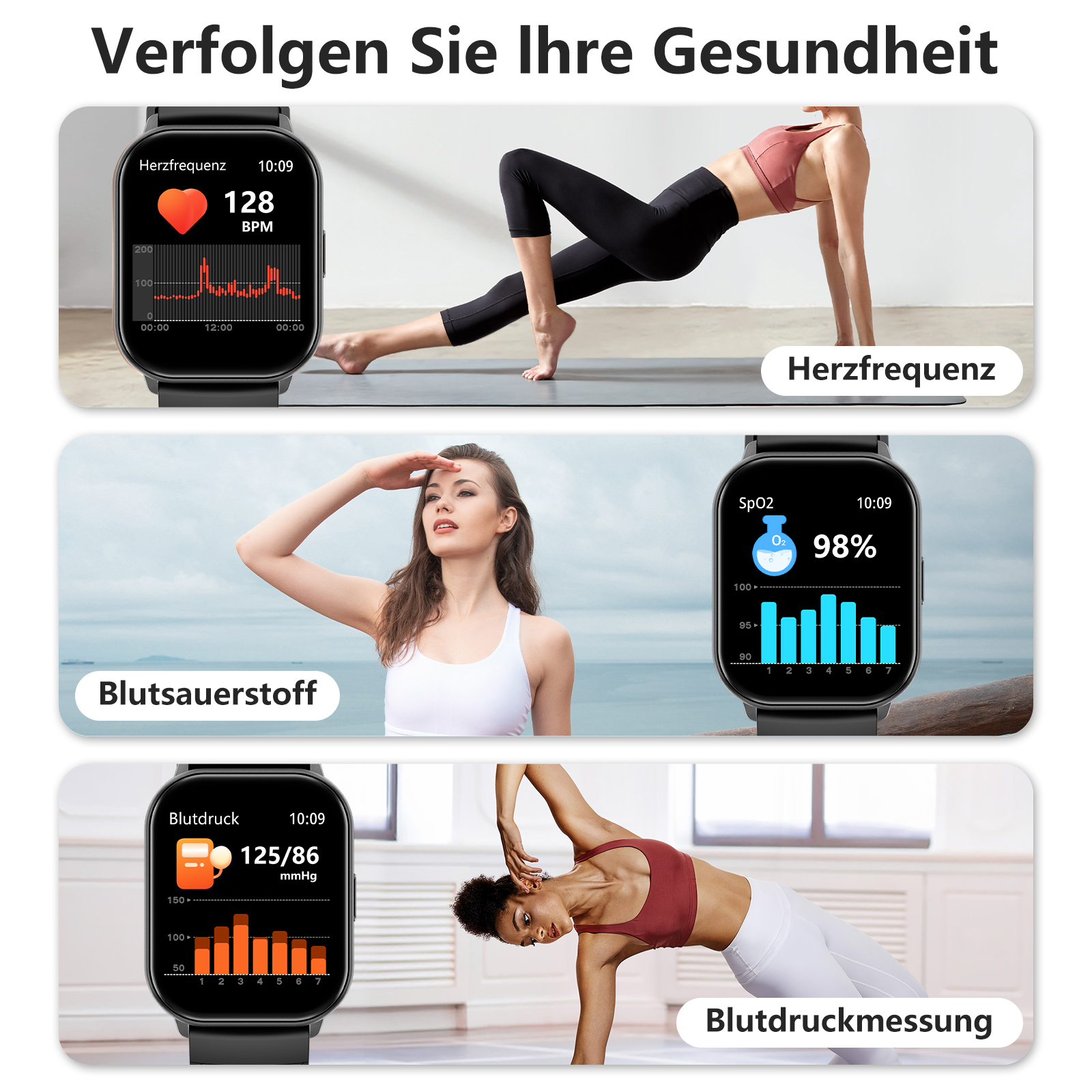 Bild zeigt Gesundheitsverfolgung per Smartwatch: Herzfrequenz, Blutsauerstoff und Blutdruck. Menschen trainieren.