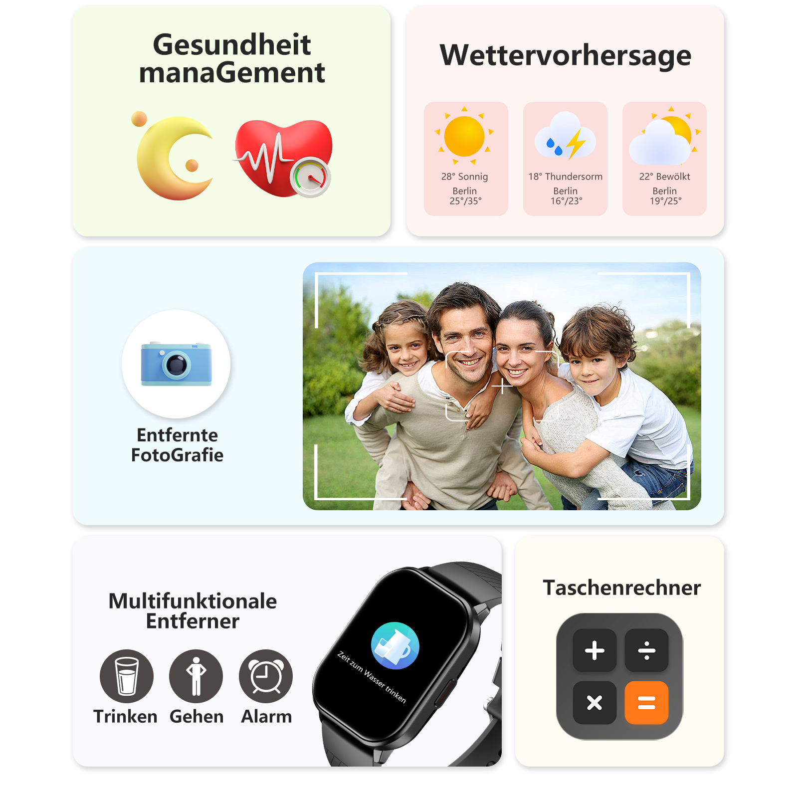 Das Bild zeigt Gesundheit, Wettervorhersage, Familienfoto und eine Smartwatch mit Rechner.