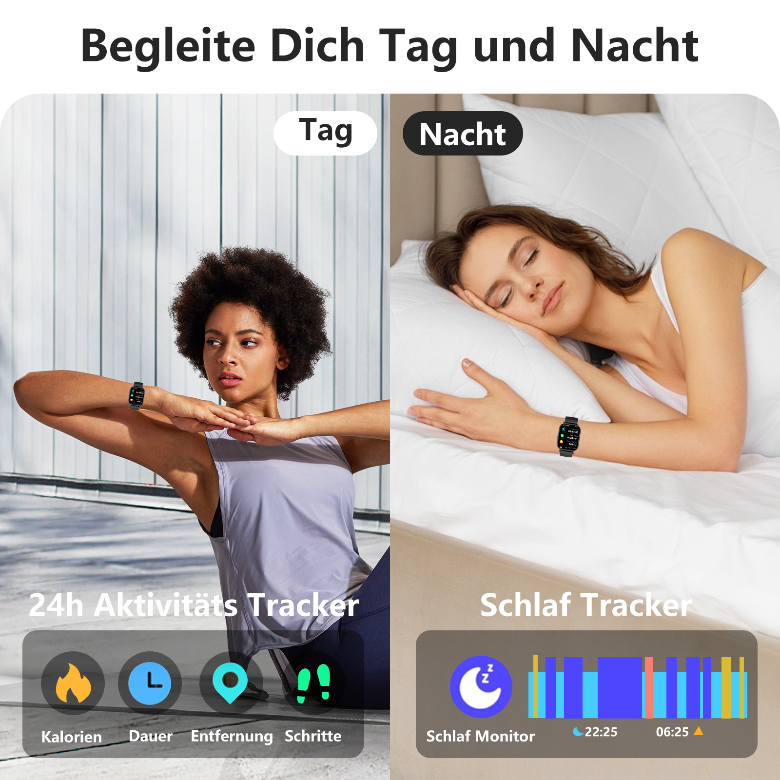Das Bild zeigt eine Frau beim Training und eine schlafende Frau. Texte über Aktivitäts- und Schlaftracking sind vorhanden.