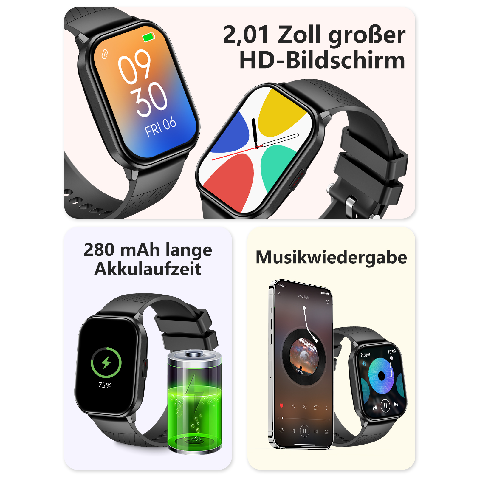 Smartwatch mit schwarzem Armband. Zeigt Zeit, Akku und Musikoberfläche an. Text: 280 mAh Akku, 2,01-Zoll-Bildschirm.