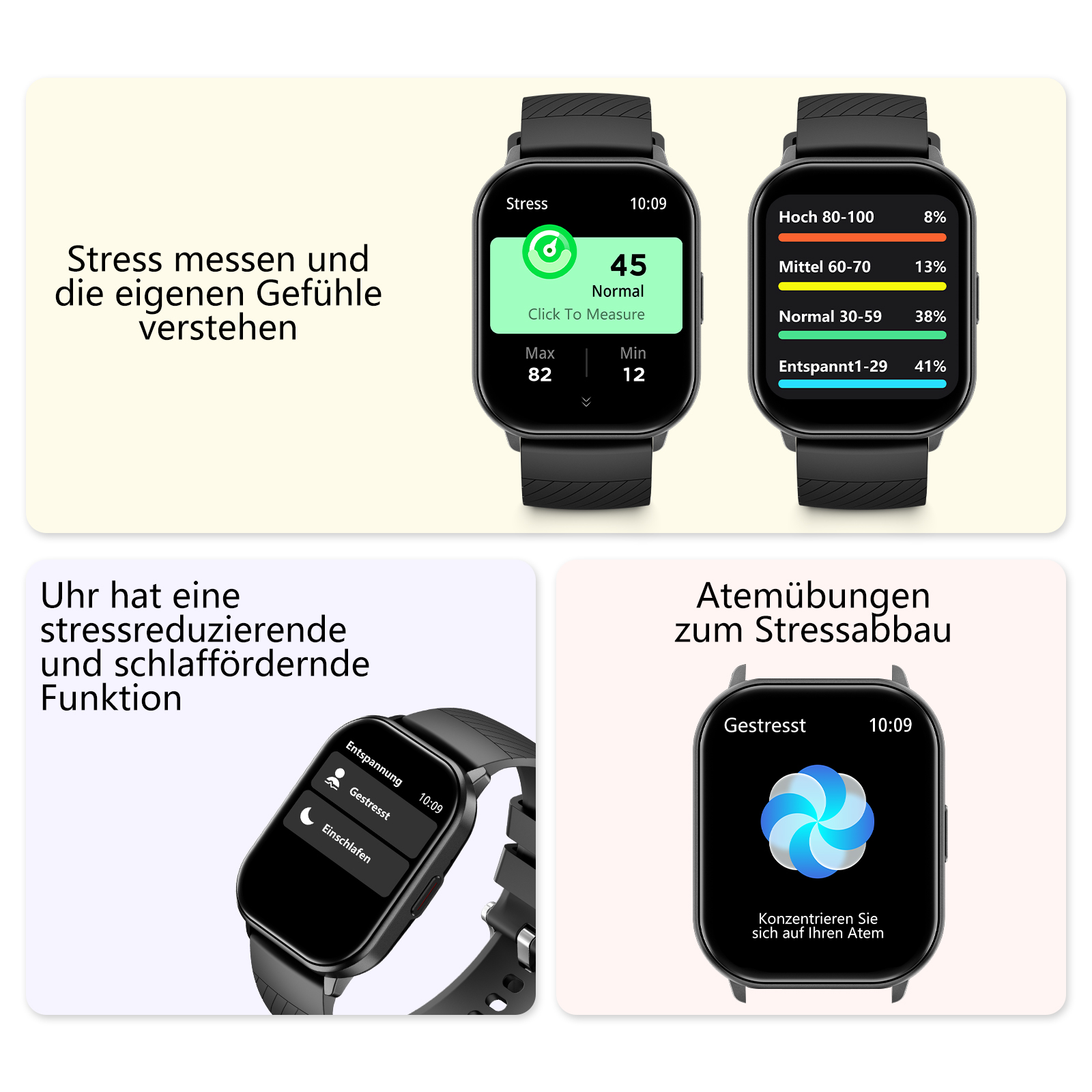 Smartwatch zeigt Stresslevel und bietet stressreduzierende Funktionen. Die Uhr zeigt Stressmessung, Entspannung und Schlafmerkmale.