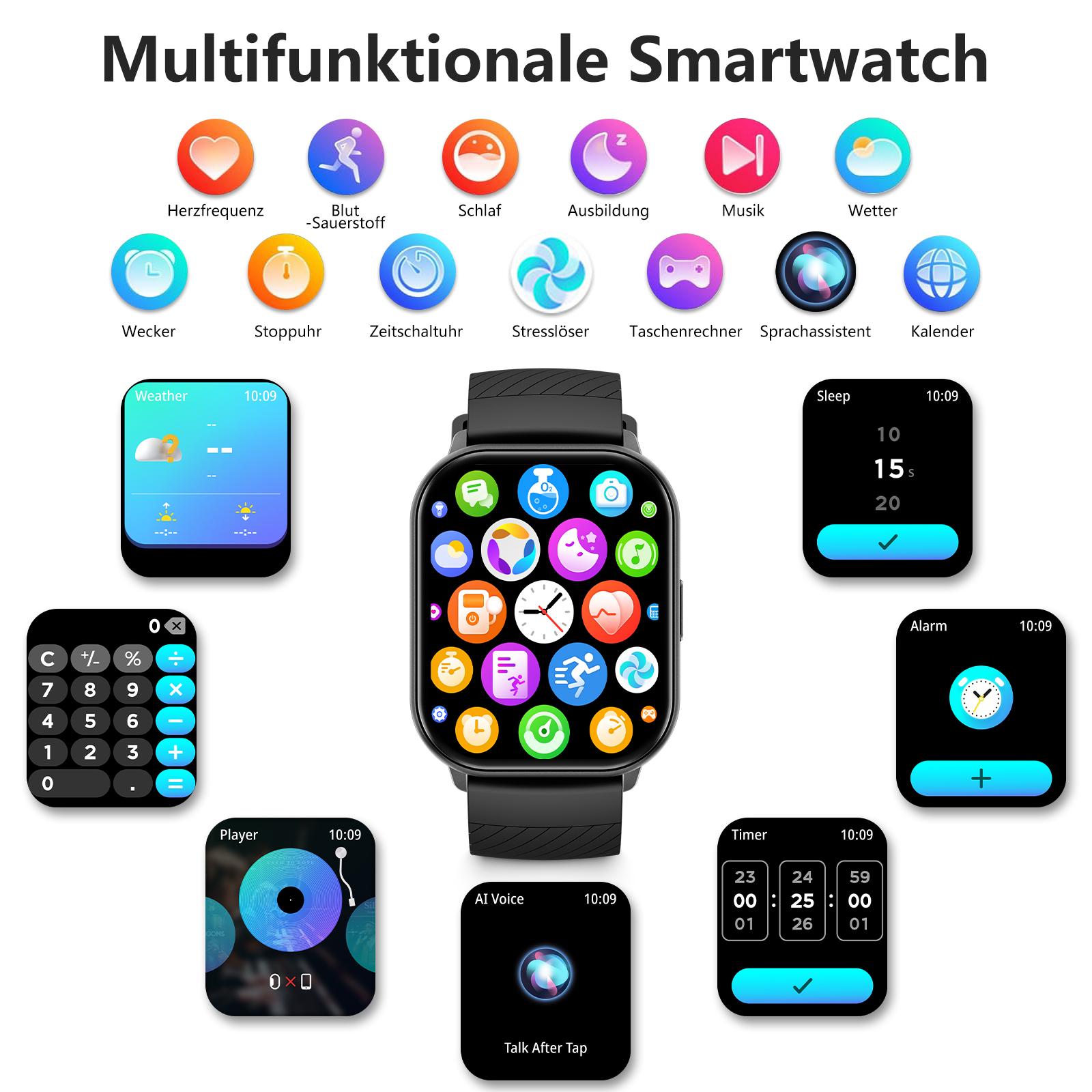 Eine schwarze Smartwatch mit Symbolen für Gesundheit, Wetter und Apps. Zeigt Zeit und Funktionen auf dem Bildschirm.