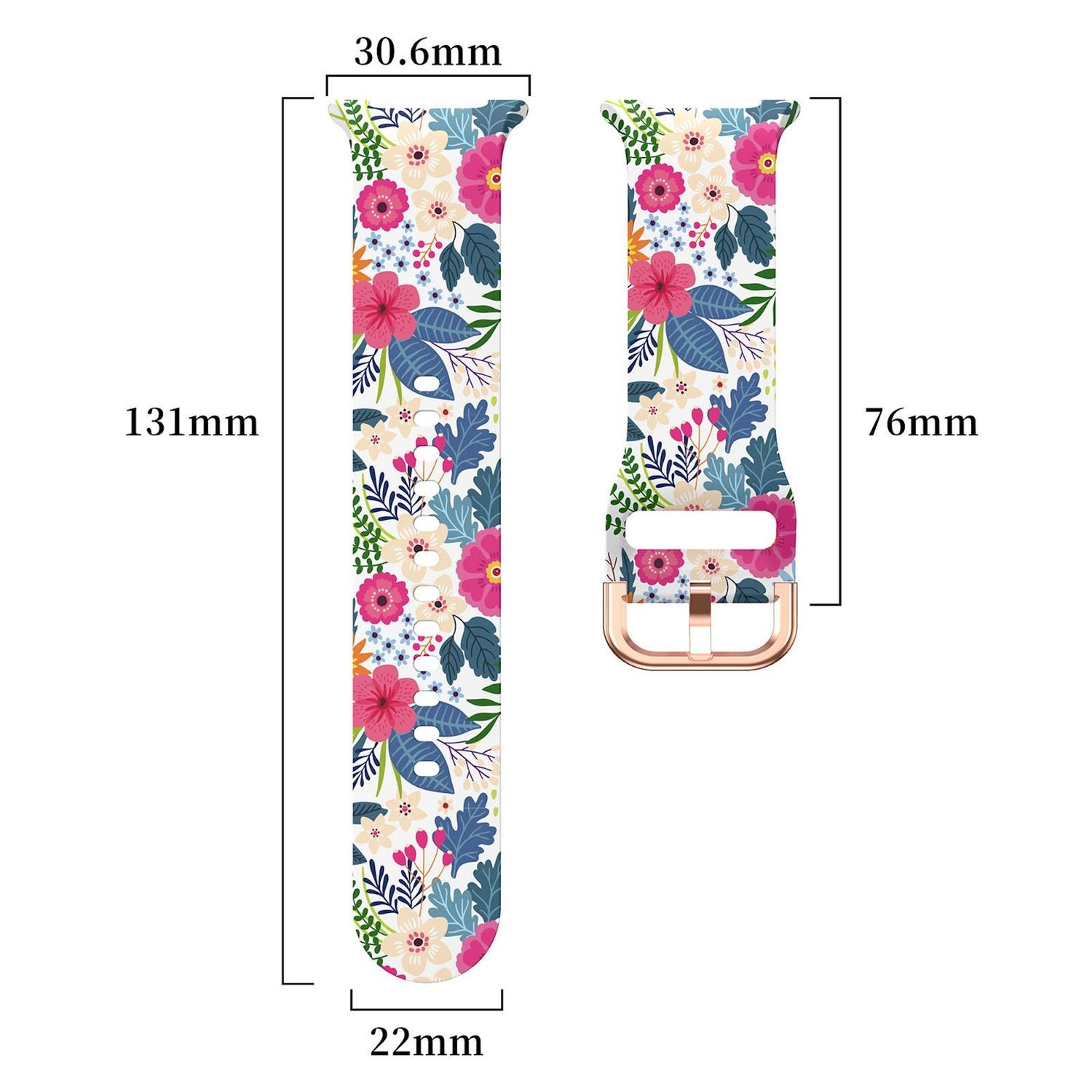 Blumenmuster-Uhrenarmband, weißer Hintergrund. Merkmale rosa, weiße und blaue Blumen mit grünen Blättern. Abmessungen sind angegeben.