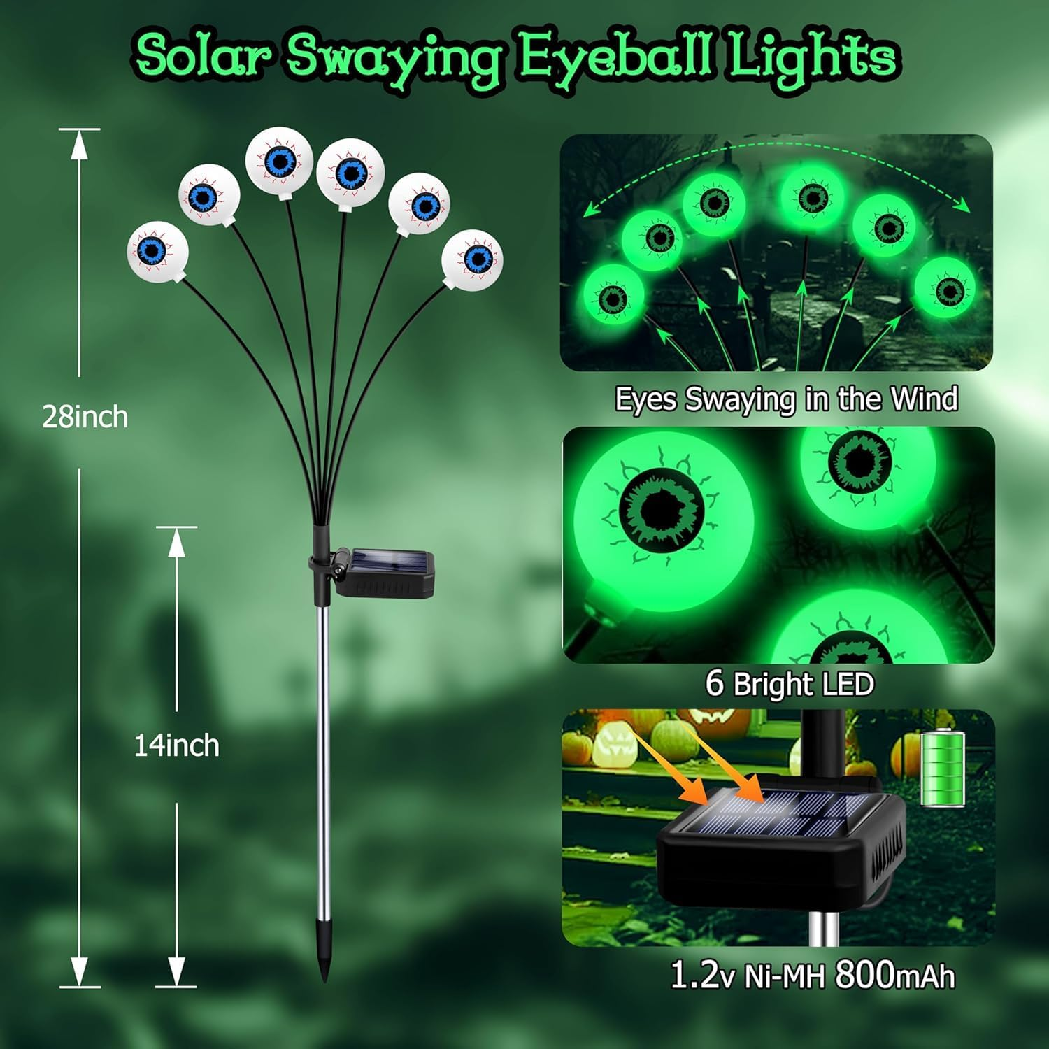 Solarbetriebene, schwingende Augapfel-Lichter. Weiße Augäpfel mit blauen Iris auf schwarzen Stielen. Details zeigen leuchtende Augen, Solarpanel und Batterie.