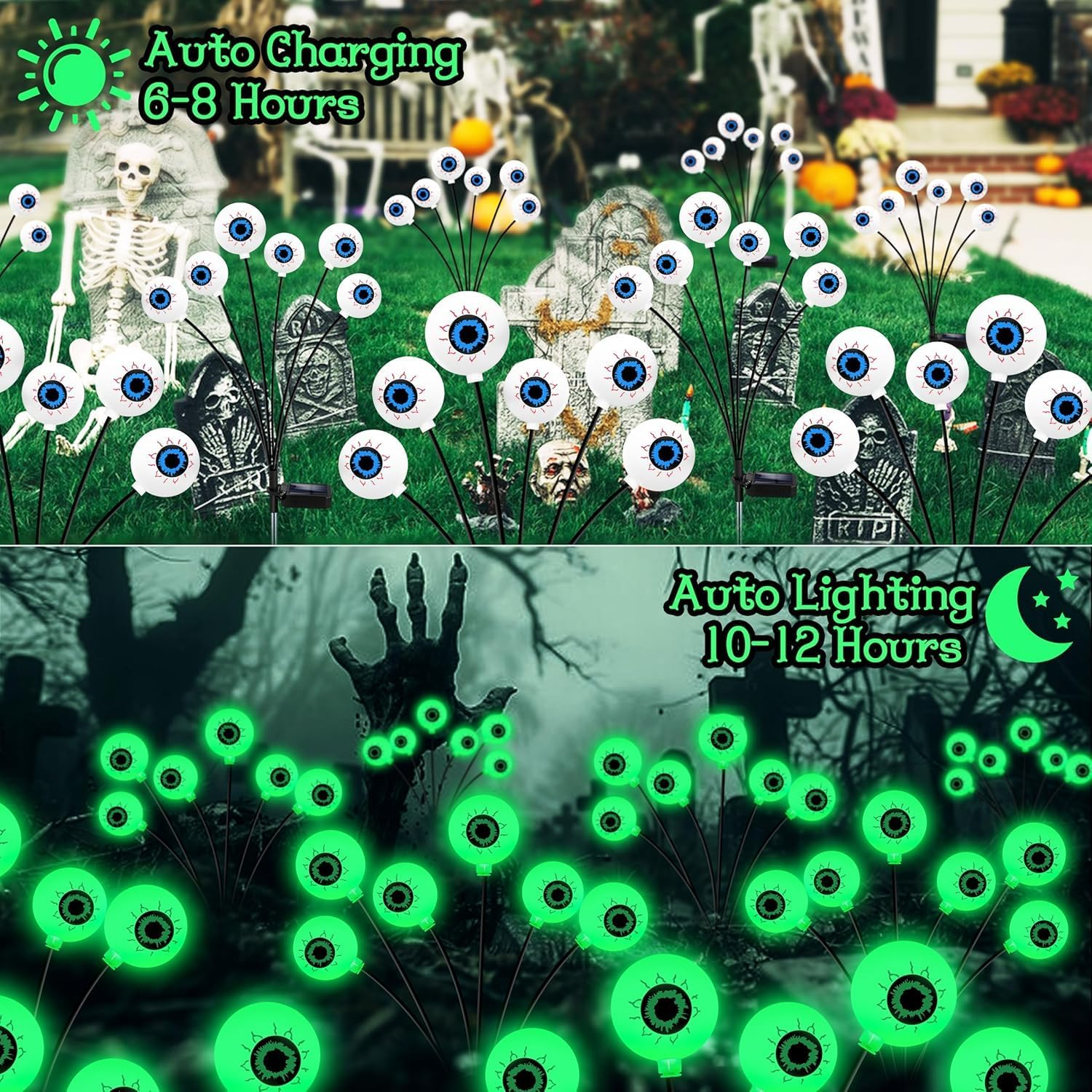 Halloween-Dekorationen: Augäpfel-Lichter auf einem Friedhof. Oben weiße Augen mit blauen Pupillen. Unten leuchtende grüne Augen.
